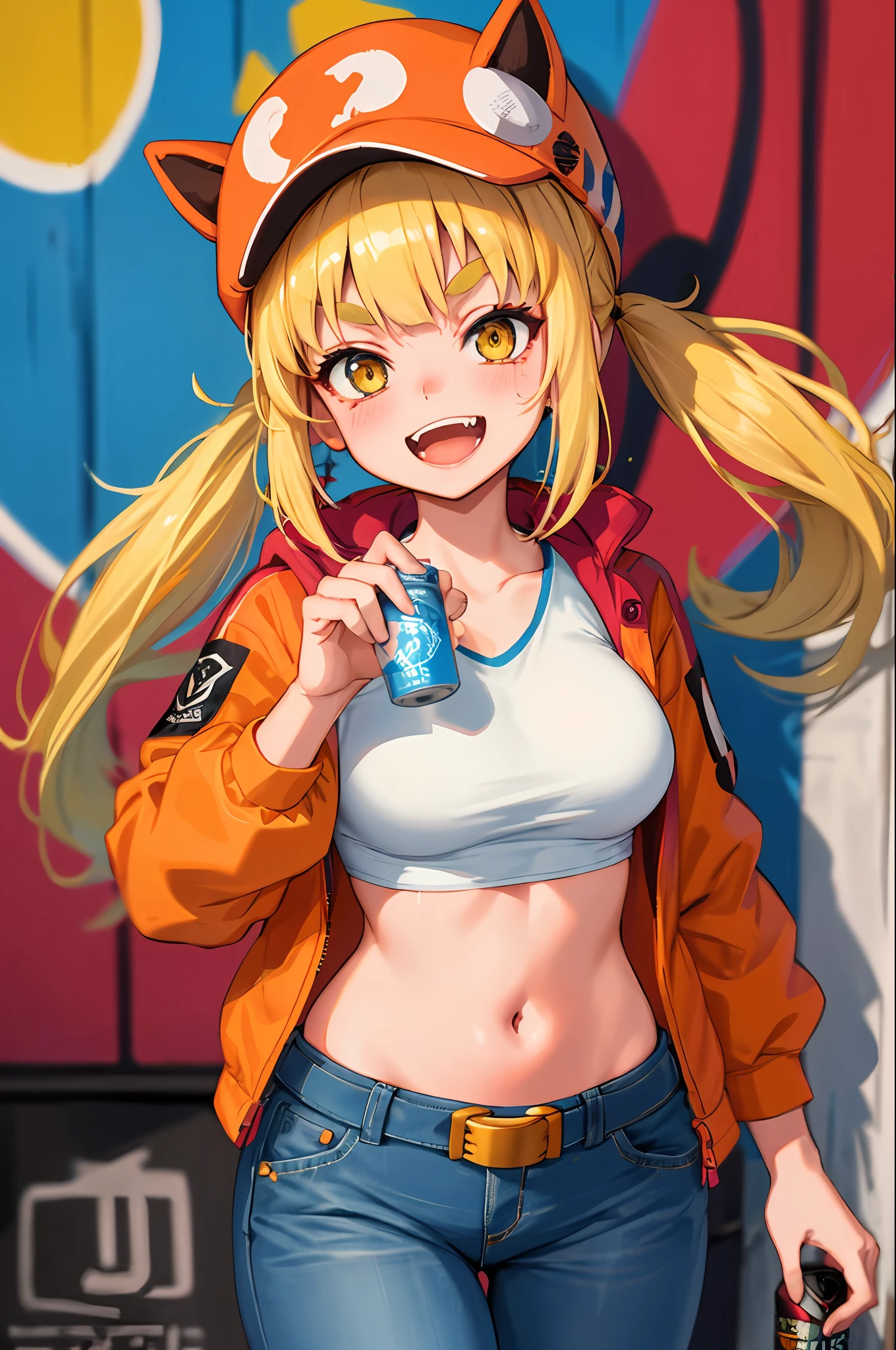 Original Character, Volumetric Lighting, Best Shadows, Shallow Depth of Field, Portrait Of Stunningly Beautiful Girl, Petite, Delicate Beautiful Attractive Face With Alluring Yellow Eyes, Messy Painted Face, Sharp Eyebrows, Broadly Smiling, Open Mouth, Fangs Out, Lovely Medium Breasts, Layered Long Twintail Blond Hair, Blush Eyeshadow, Thick Eyelashes, Applejack Hat, Oversized Pop Jacket, Mini Underboob Tee, Open Navel, Slim Waist, Denim Jeans Pants, With Buckle Belt, In The Graffiti Alley, Waste Container, Outside Stairs, Outdoor Unit, Holding Spray Paint Can, Standing, (Highest Quality, Amazing Details:1.25), (Solo:1.3), Brilliant Colorful Paintings