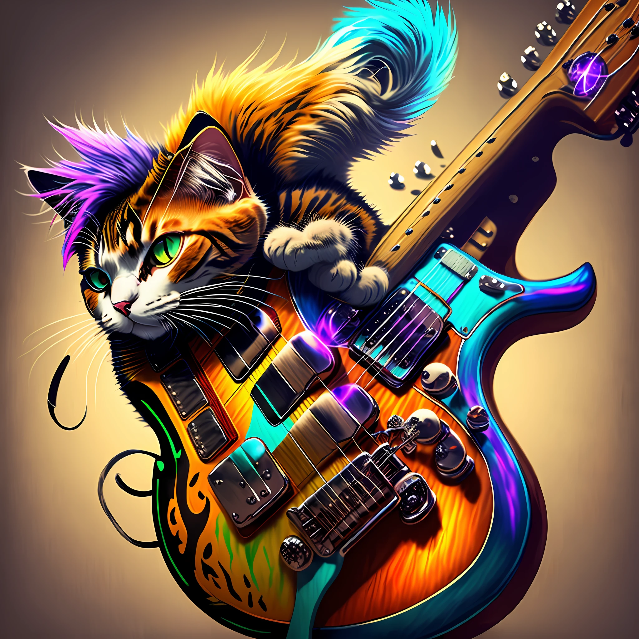 (Punk cat with colored crest and nose piercing),(stylish electric guitar:1.2),rock and roll atmosphere, artistic drawing. --auto