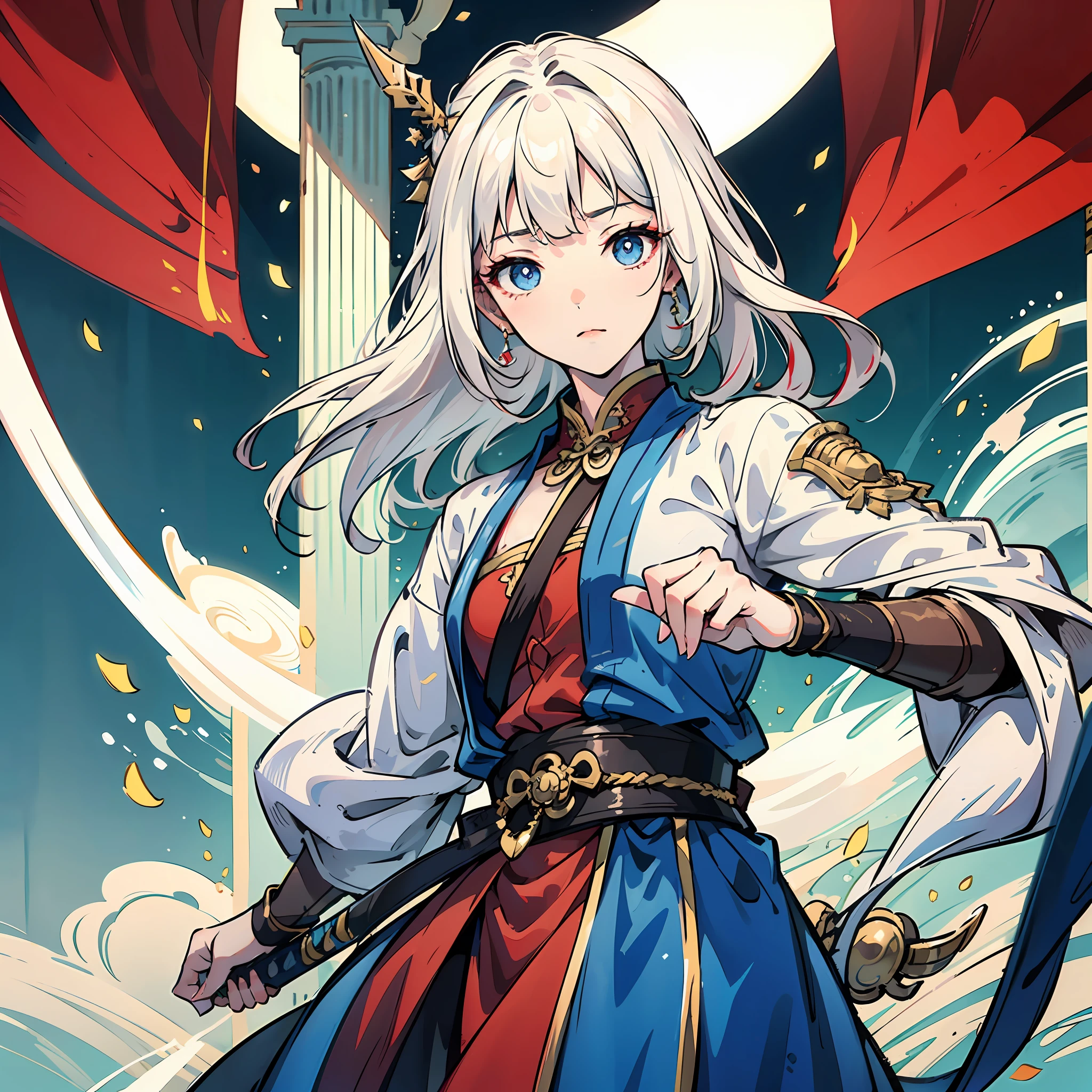 Oriental martial arts women ,White hair(best qualtiy)Sword dance,Oriental architecture,Need,Red dress,Fair skin,blue color eyes --auto
