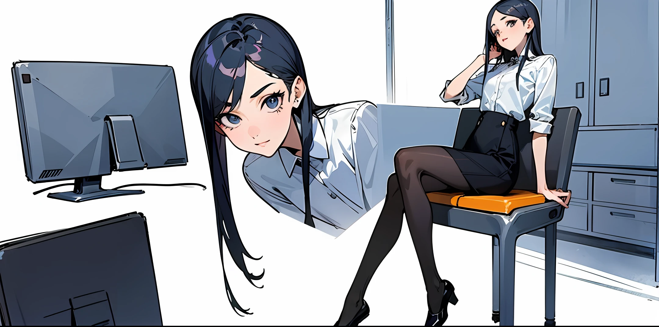 best qualtiy, Full body like,Refined face,pretty face,23 years old woman,slimfigure,Smaller bust,office lady uniform,Office wear,black lence stockings,Sit upright,The face looks natural,Overall anime drawing style