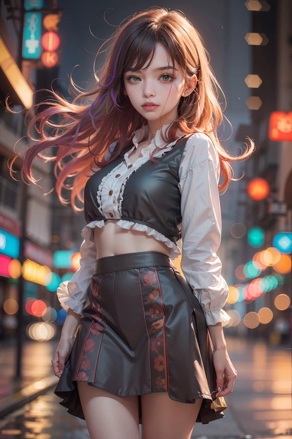 concept art, overhead angle of a Will-o'-the-wisp, wearing Funny Somali Emerald deep orange Pinafore, Caramel hair styled as Short hair, fluorescent purple Hair tie, equirectangular 360, Highres,  [(art by Willi Baumeister:1.1), (art by John T. Biggers:1.2)::17], official art, unity 8k wallpaper, ultra detailed, aesthetic, masterpiece, best quality, photorealistic