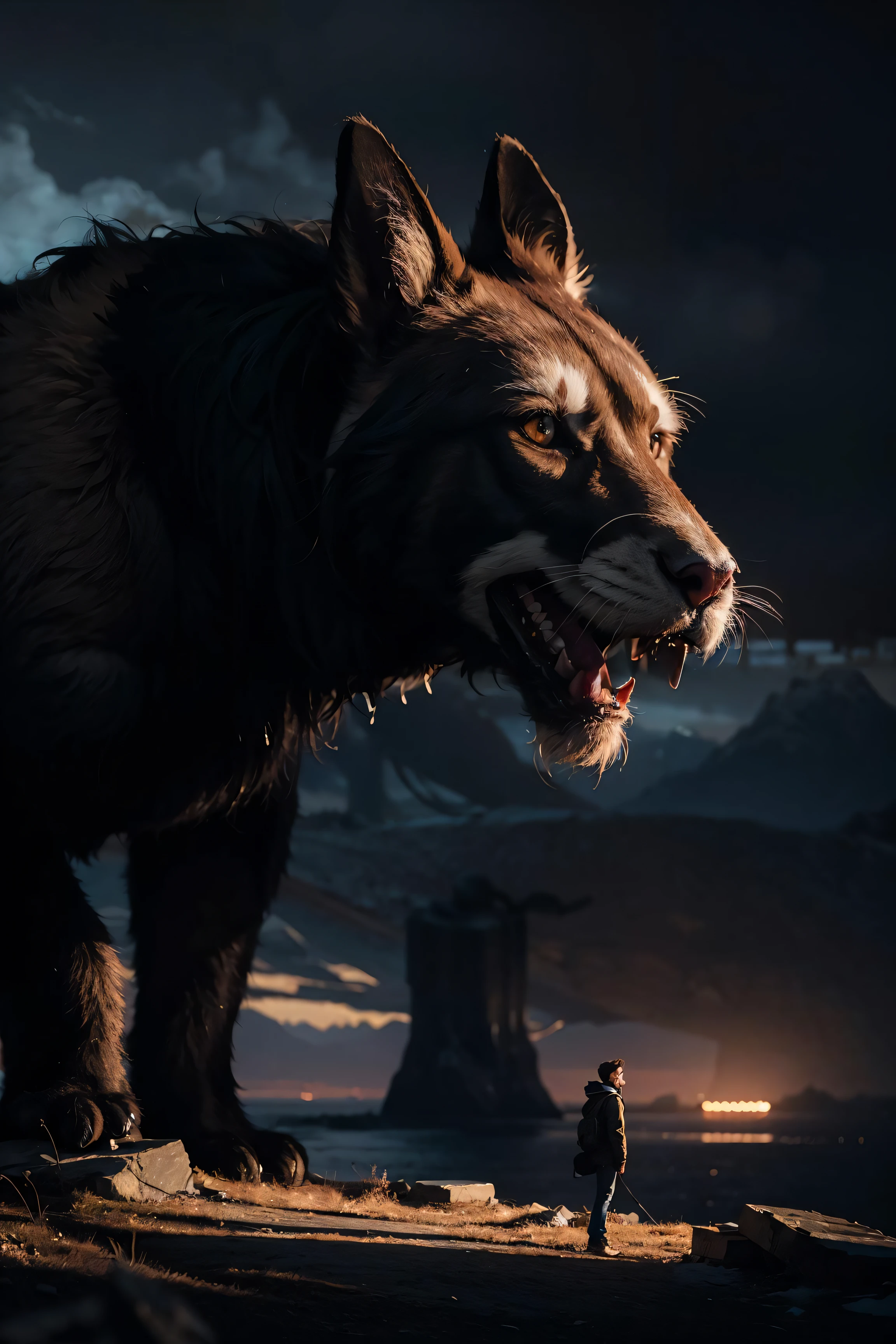 a highly detailed matte painting of a man on a hill watching a giant monster, makoto shinkai, by artgerm, by wlop, by greg rutkowski, volumetric lighting, octane render, 4 k resolution, trending on artstation, masterpiece