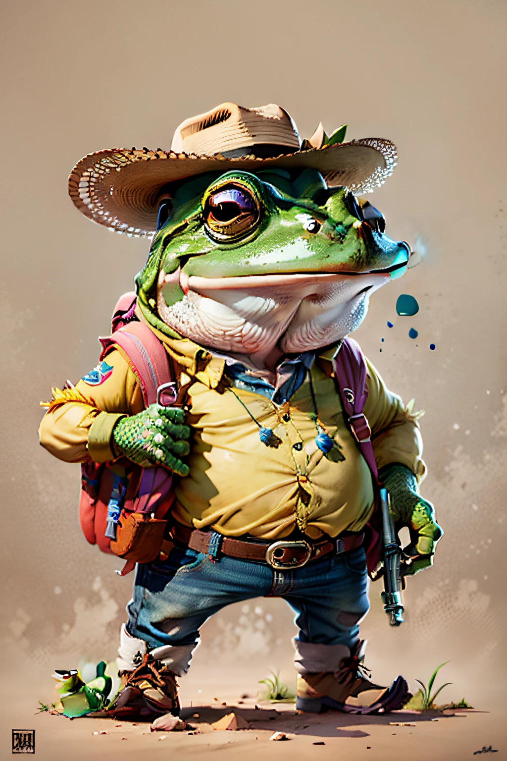 Cartoon frog in cowboy outfit with backpack hat and revolver, design de personagem altamente detalhado, arte conceitual altamente realista, design de personagens pixar, arte conceitual dos desenhos animados, detailed 2d illustration, em estilo de cory loftis, design de personagem bonito pixar, Directed by: Randy Gallegos, anthropomorphic frog, Great character design, Directed by: Justin Gerard, Geoff Darrow, Directed by: Pedro Pedraja