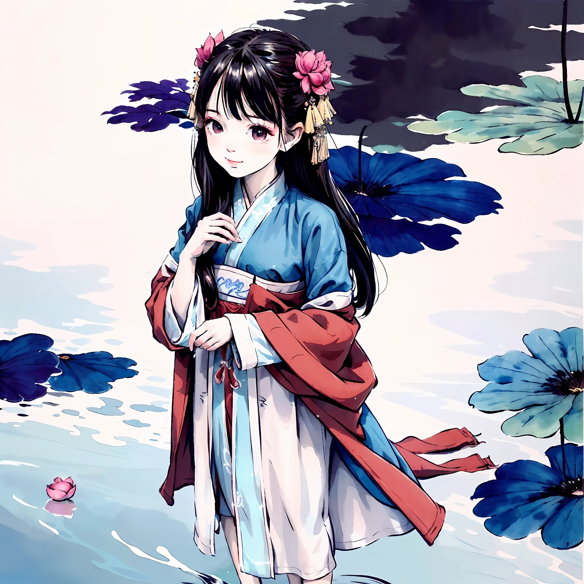 ((4k,masterpiece,best quality)), shuimobysim, traditional chinese ink painting, lotus, hanfu, maxiskit, dress conservatively 1girl, solo, long blue hair, smile, standing, feet in the water, barefoot,