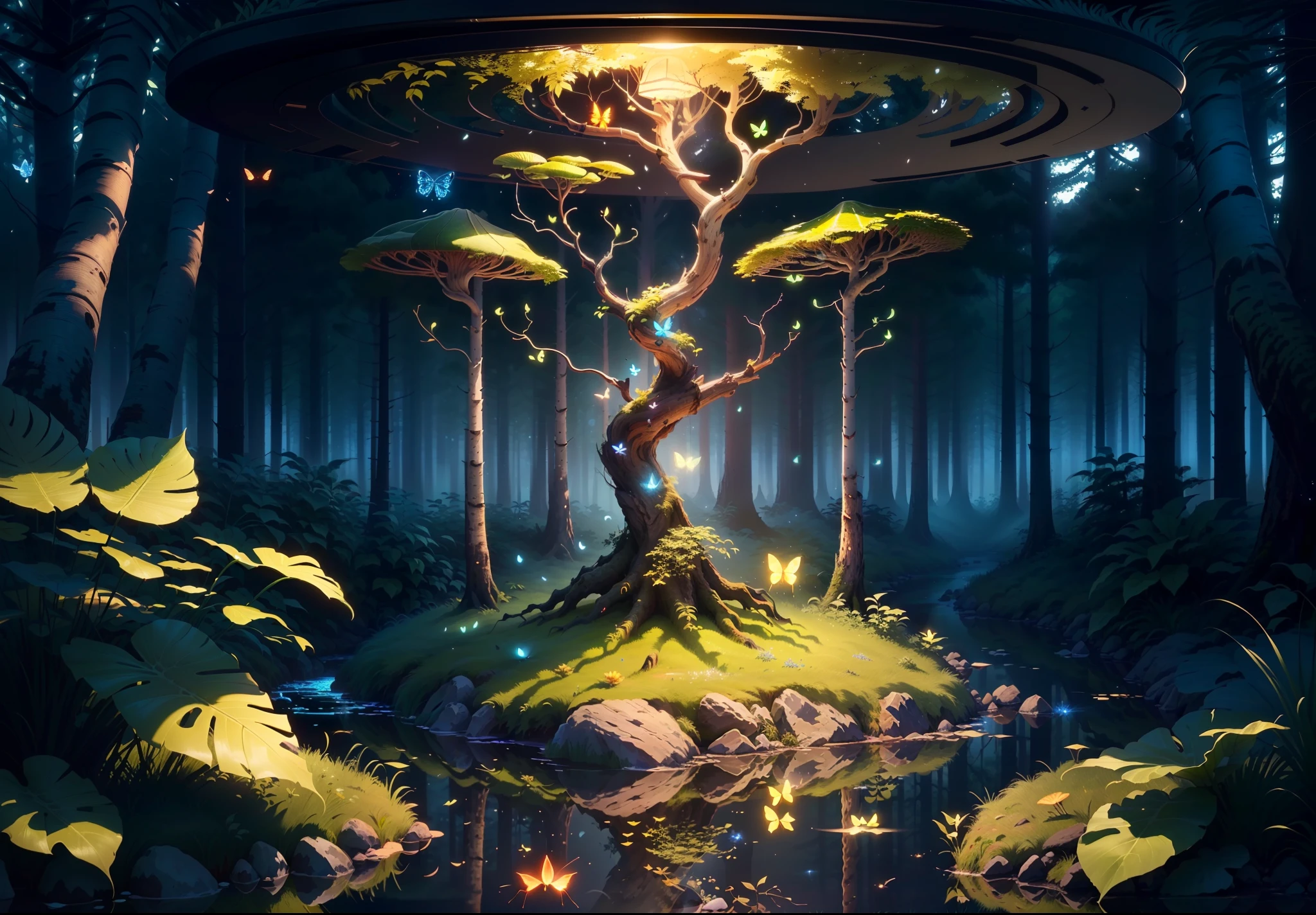 Masterpiece, highest quality, (highly detailed CG Unity 8K wallpaper), (highest quality), (best illustration), (best shadow), forest theme incorporating elements of nature. Surrounded by tall trees, quiet streams, glowing little mushrooms, delicate leaves and branches, glowing particle effect with fireflies, (natural elements), (jungle theme), (leaves), (branches), (fireflies), butterflies, (delicate leaves), (glow), (particle effects), isometric 3D, octane rendering, ray tracing, ultra detail