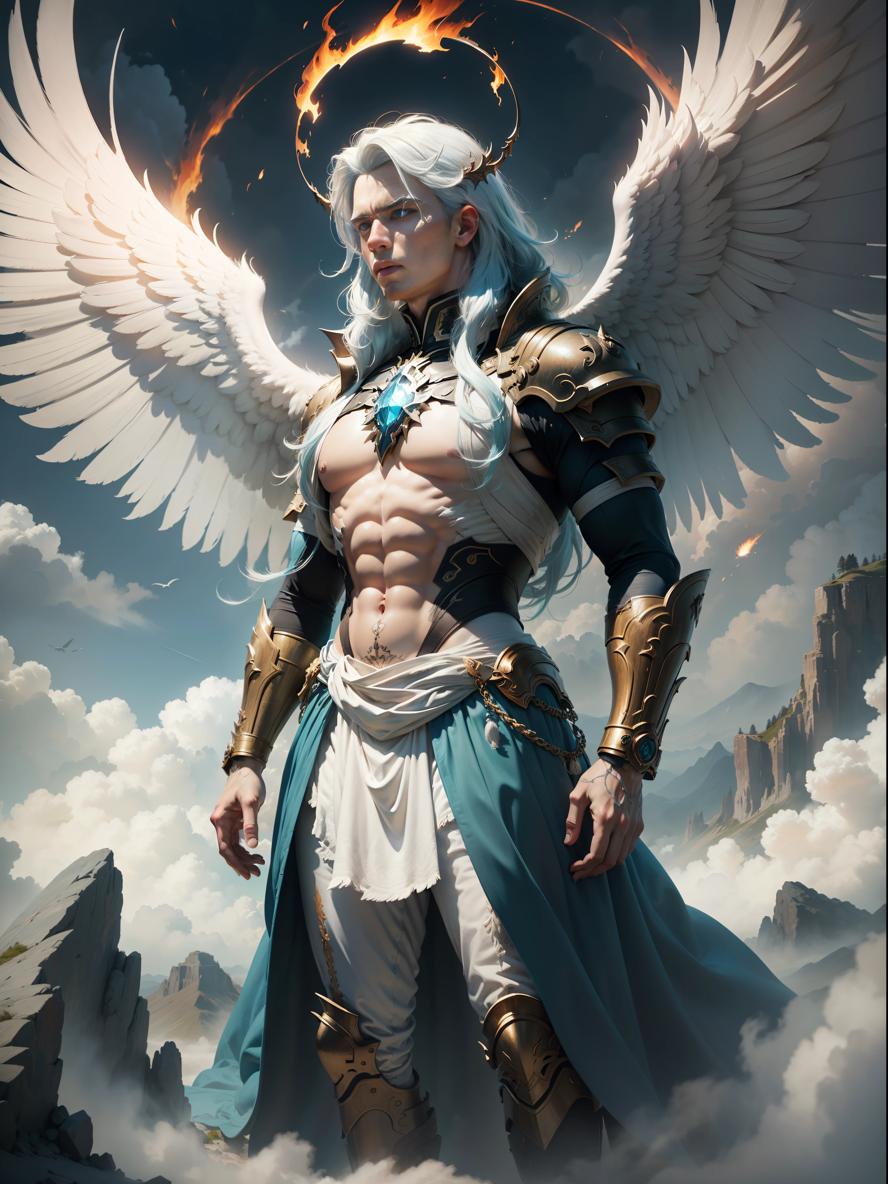 (Masterpiece, High Definition, Ultra High Definition, 4K, ) (hyper-realistic digital illustration) A man with a halo of fire and wings of darkness, standing atop a mountain of clouds (long white and blue hair scruffy)