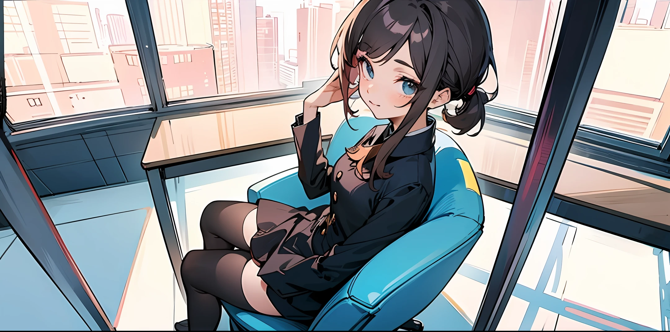 best qualtiy, Full body like,Refined face,pretty face,23 years old woman,slimfigure,Smaller bust,office lady uniform,Office wear,black lence stockings,Sit upright,The face looks natural,Overall anime drawing style