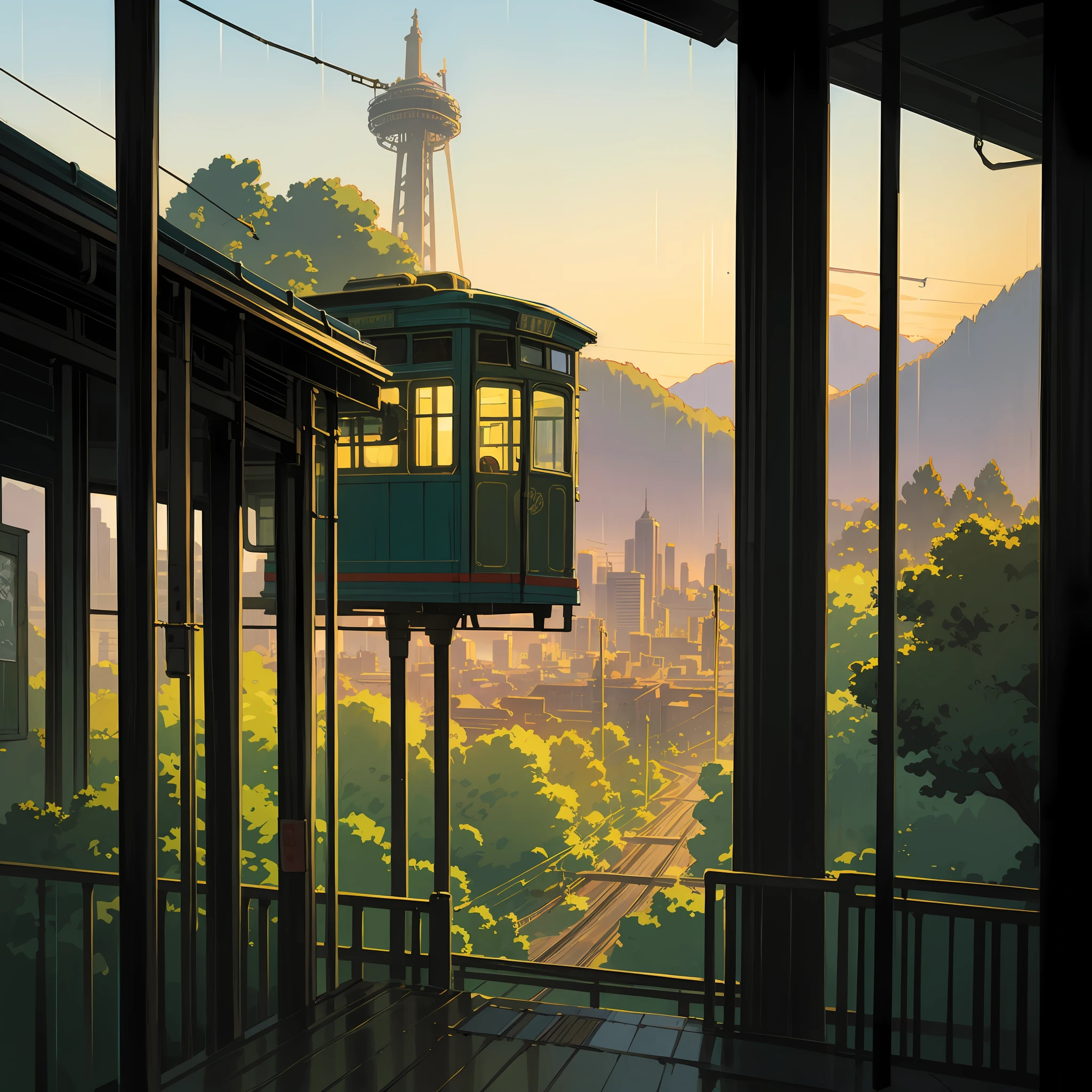 Dozens of hillside houses, futuristic treehouses, landscape shoot from distance, golden hour, rain, monorail, tram, high tech, sci-fi, steampunk, Seattle, studio ghibli, serene, extremely detailed, masterpiece