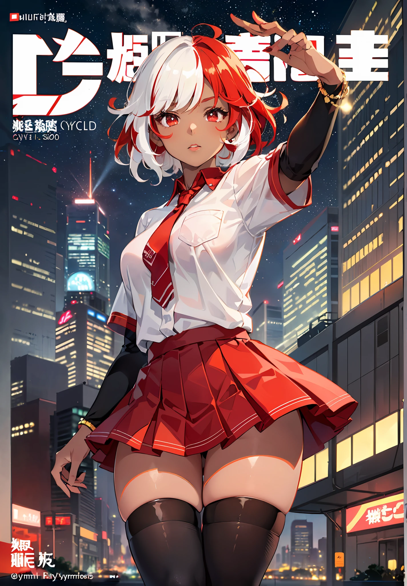 ((epic pose)), ((dynamicpose)), 1girl, ((独奏)), (((black skin))), ((dark skin))), (((fat lips))), (((white colored hair|red hair))), ((multicolour hair)), ((Short hair)), (((red eyes))), Red shirt, pleated skirt, Stockings, high boots, night time, City, neon light, the wind, magazine cover, big text