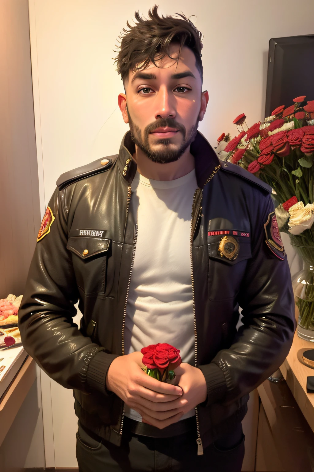 um homem vestindo uma jaqueta da policia, distintivo policial, looking-into-camera, second in his hands a bouquet of roses, flor cor-de-rosa, Rose with thorn in her hands