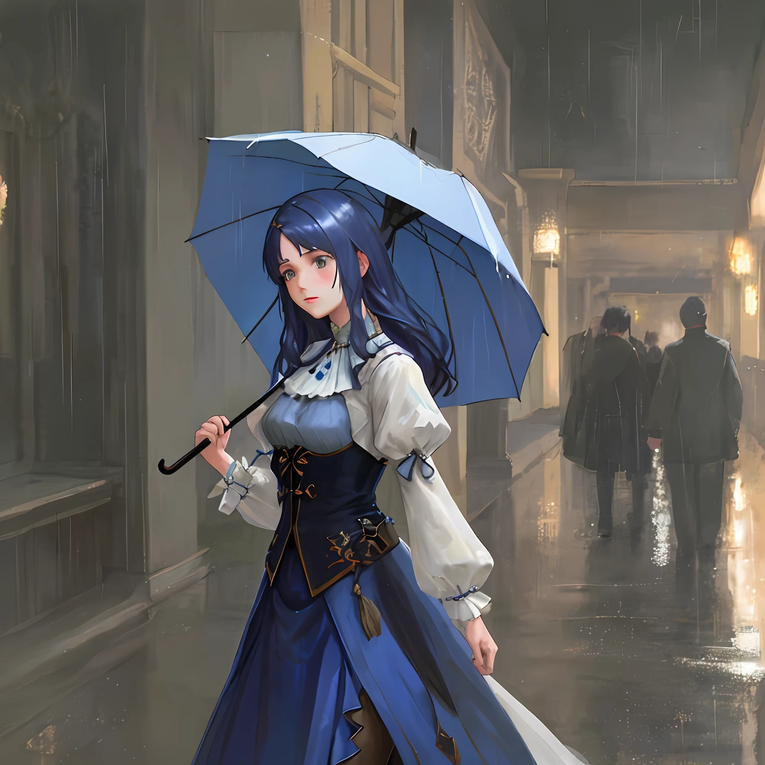 Spring rain, muddy alleys, girls holding umbrellas reading books, green leaves sticking out of the wall