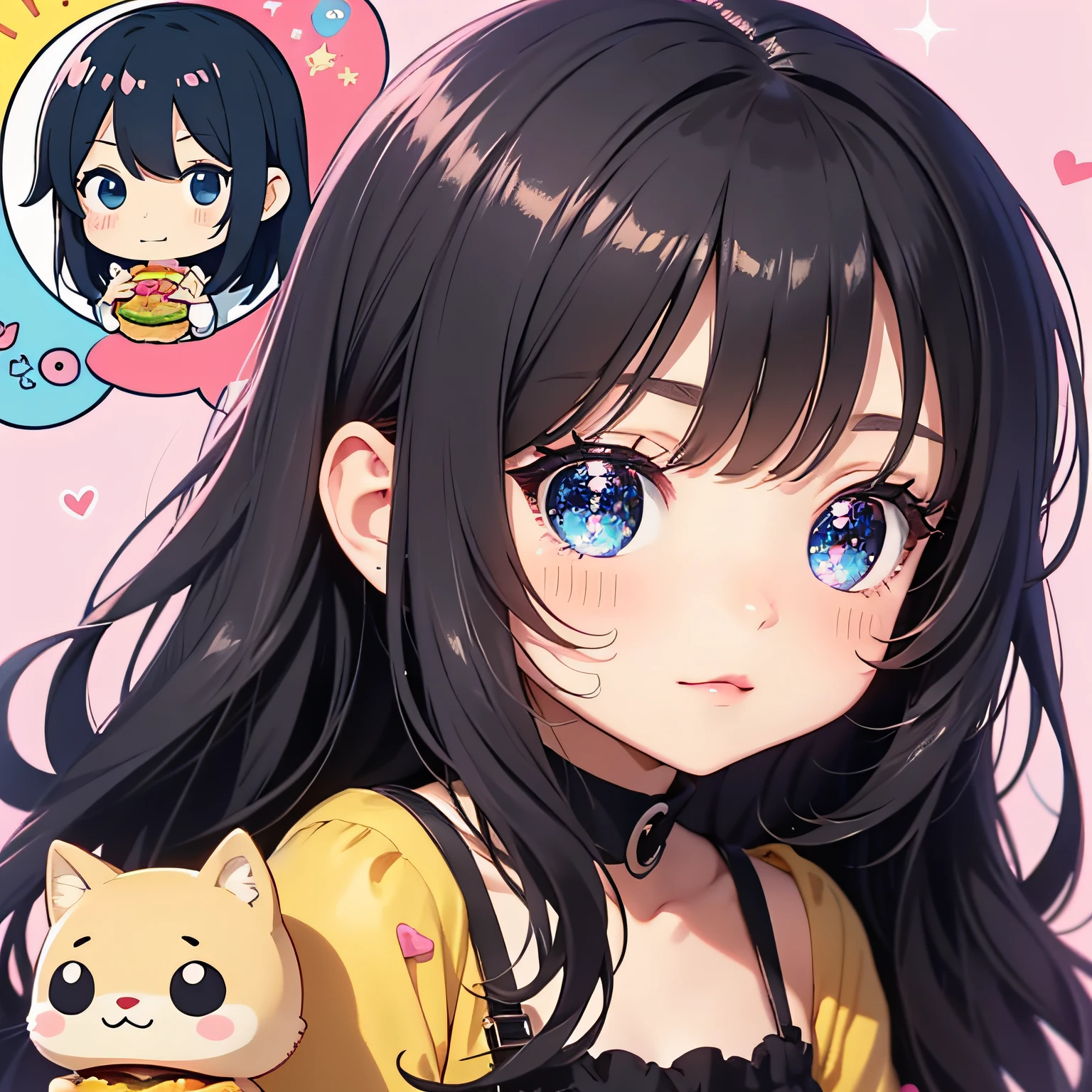 perfect-composition、Perfect pictorial composition、Cartoon girl with long hair、cartoon artstyle、Cartoon Cute Girl、Chibi Girl、Chibi、cute cartoon style、Cute art style、Cartoon style、Cartoon style illustration、Digital art of cartoons、Cute digital art、Cute anime girl、Chibi、estilo chibi、Kawaii Girl、an anime drawing、pop-art、Cartoon style illustration、3Equivalent、Head large、kawaii eyes、Glitter eyes、Sparkling eyes、kawaii faces、Innocent face、smooth hair、Black hair、Black hair、hamburgers、french fried、midnight、Lamp light