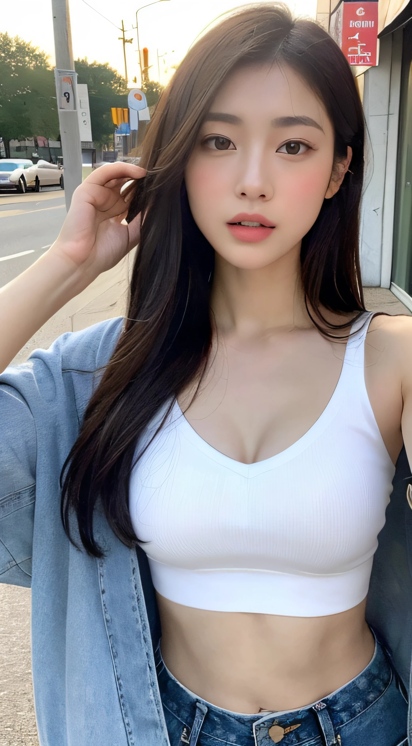 ((The most realistic lighting, best qualtiy, 8K, A masterpiece that amazes)), sharp fokus:1.2, A beautiful woman with a great temperament:1.4, Slim abs:1.1, ((dark brown hair)), (White crop top:1.4), (exteriors,the night:1.1),urban street, Ultra-fine face,詳細な目,二重まぶた。