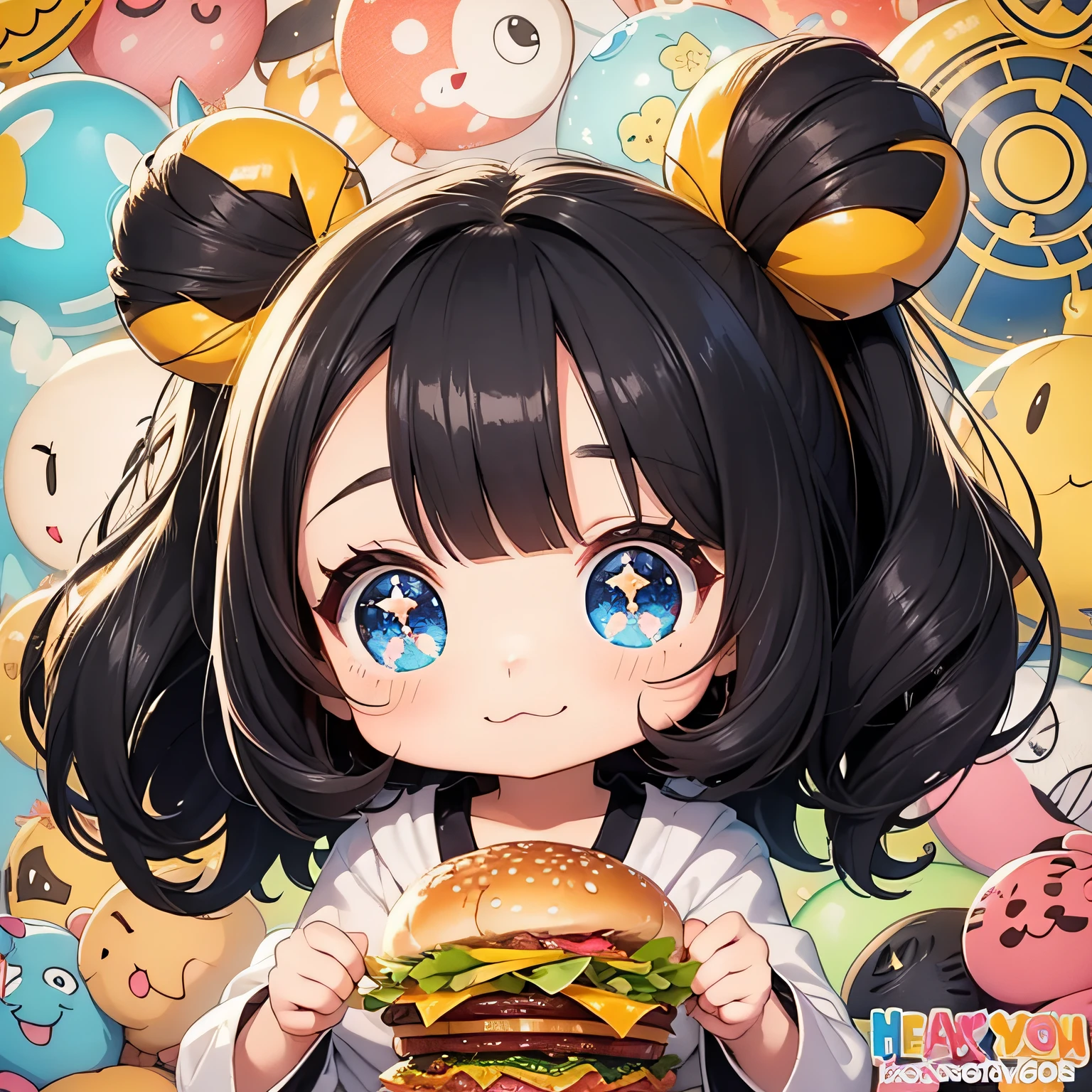 perfect-composition、Perfect pictorial composition、Cartoon girl with long hair、cartoon artstyle、Cartoon Cute Girl、Chibi Girl、Chibi、cute cartoon style、Cute art style、Cartoon style、Cartoon style illustration、Digital art of cartoons、Cute digital art、Cute anime girl、Chibi、estilo chibi、Kawaii Girl、an anime drawing、pop-art、Cartoon style illustration、3Equivalent、Head large、kawaii eyes、Glitter eyes、Sparkling eyes、kawaii faces、Innocent face、smooth hair、Black hair、Black hair、hamburgers、french fried、midnight、Lamp light