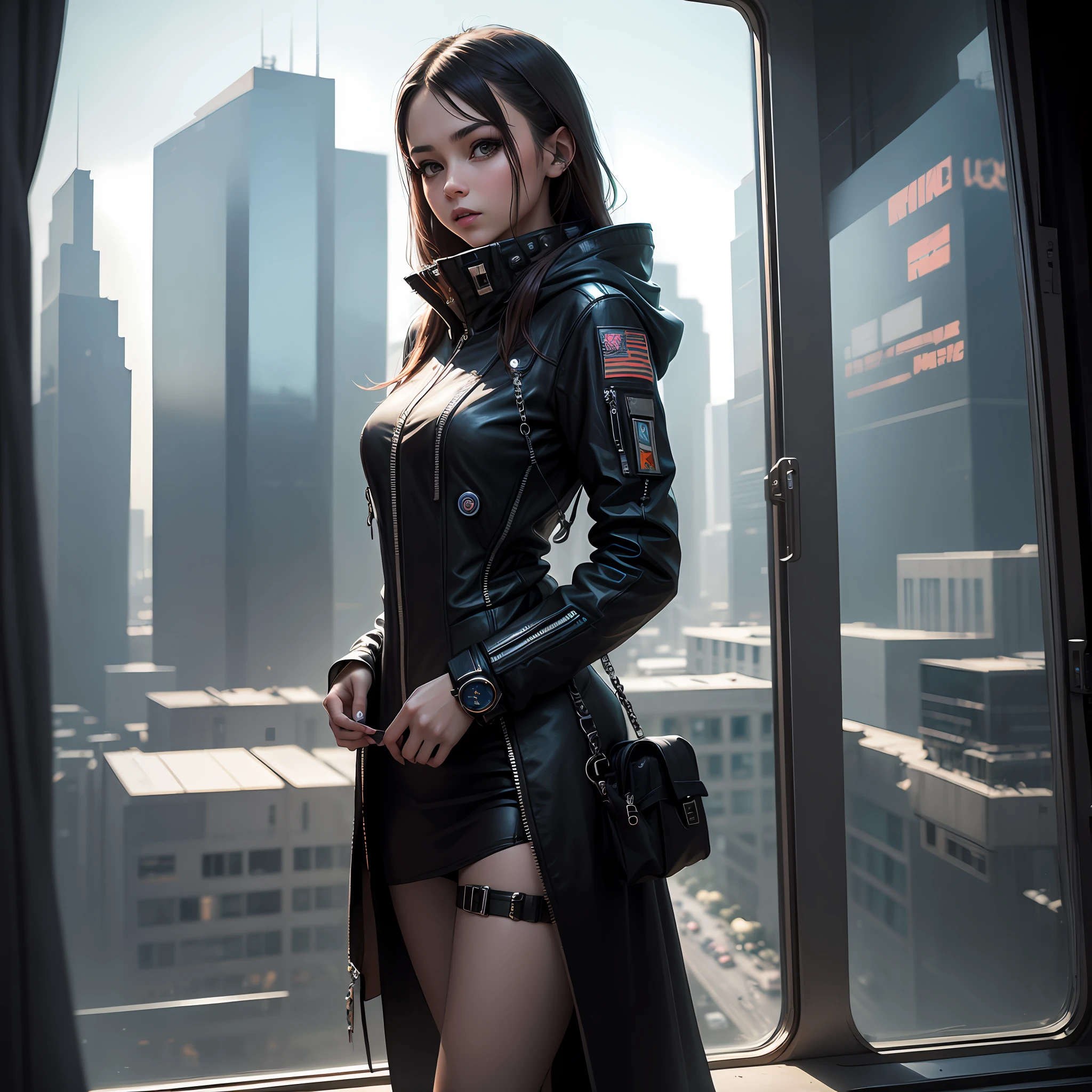 A young beautiful girl dressed in futuristic cyberpunk style,Watch the space fleet take off and land outside the window --auto