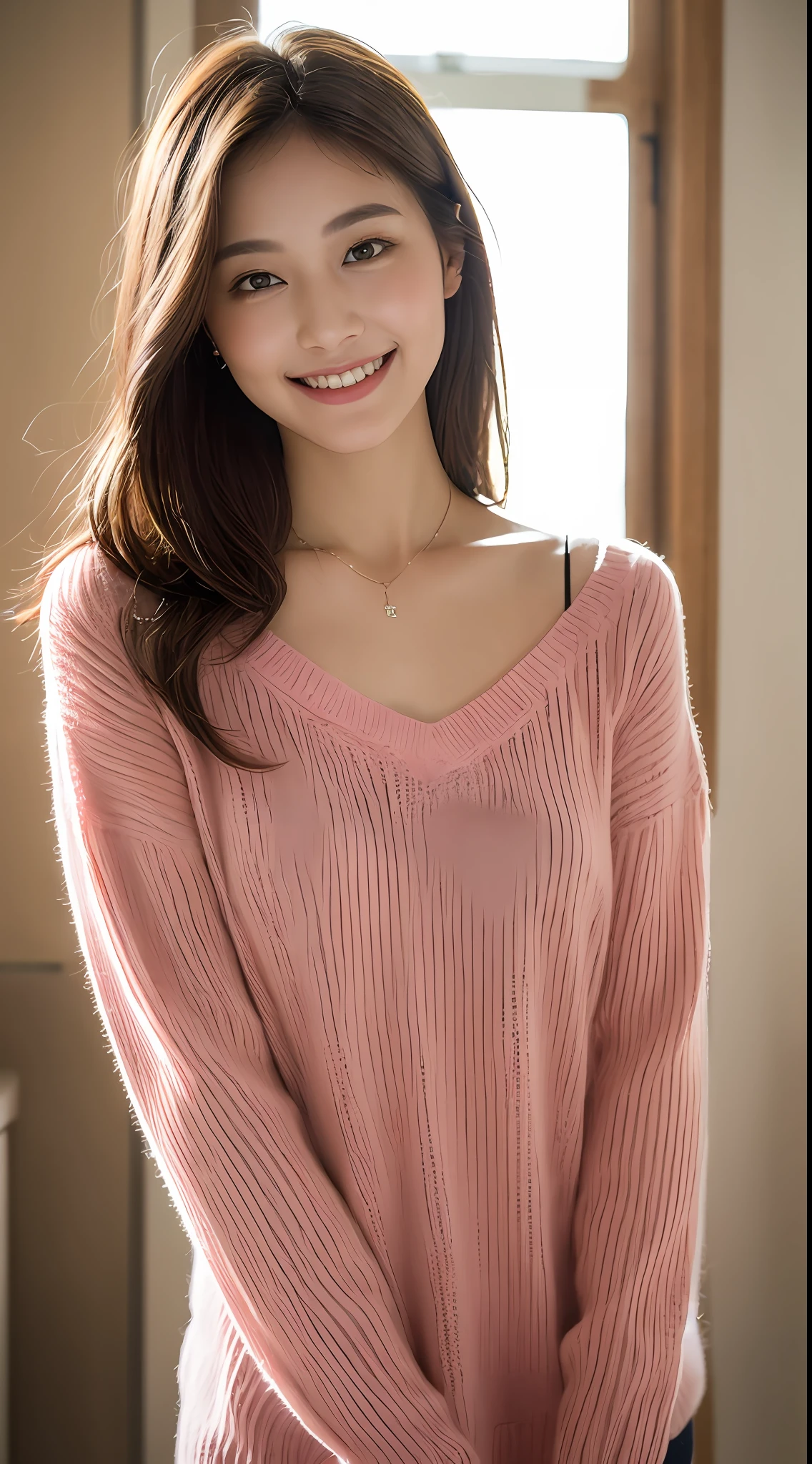 ((Night, Realistic Light, Best Quality, 8K, Masterpiece: 1.3)), 1 Girl, Slim Beauty: 1.4, Abs: 1.1, (Brown Hair, Big: 1.3), Long Pink Sweater: 1.1, Bathroom, Super Beautiful Face, Delicate Eyes, Double Eyelids, Smile, Necklace
