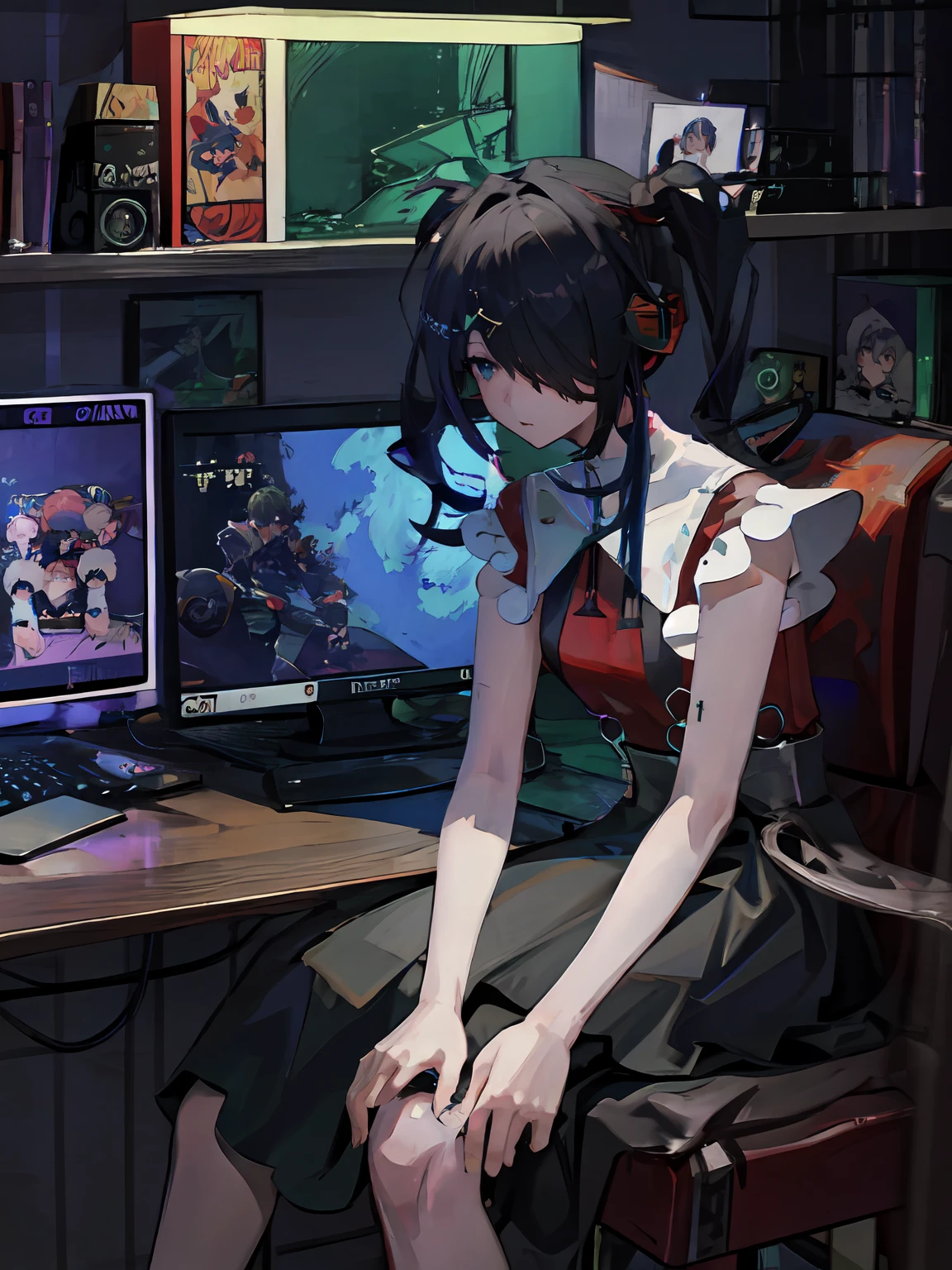 2d, anime art, (masterpiece:1.2), best quality, absurdres, ame-chan, red shirt, black skirt, twintails hairstyle, (hairpin cross:1.35),playing video games, sitting at desk, computer, gaming, headphones,pastel