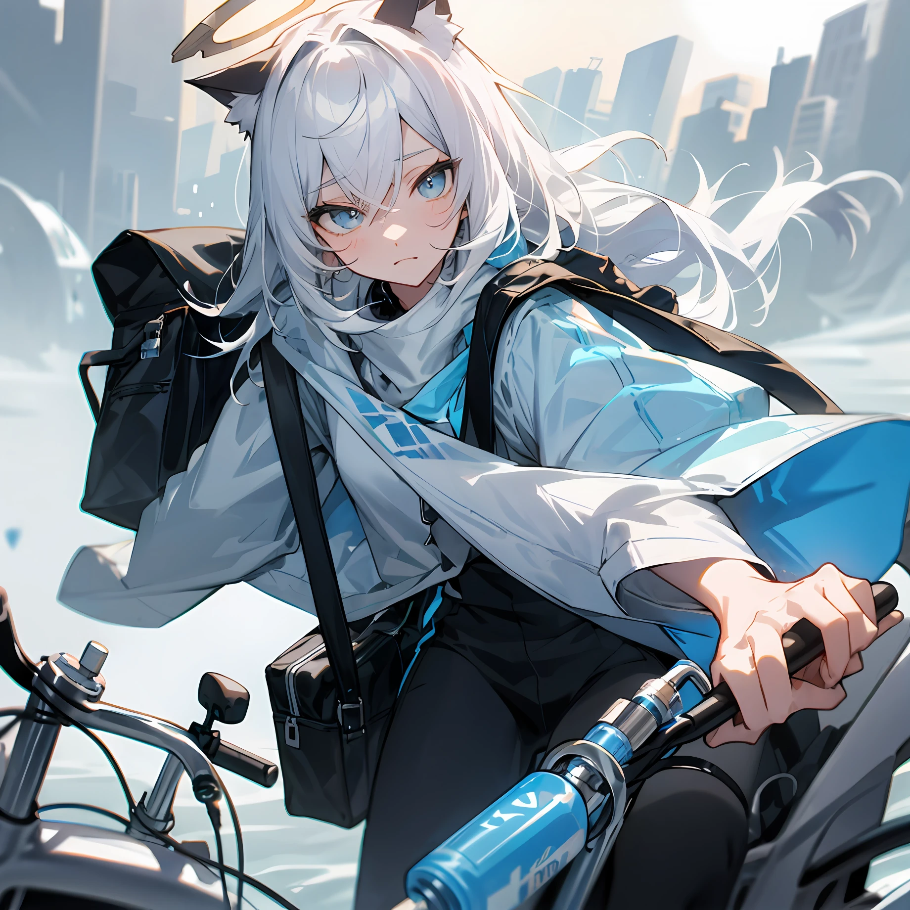 cat ear,Silvery-white hair,Heteropupil,The halo,blue colored eyes,Carry a shoulder bag,Pick up the bike and water bottle