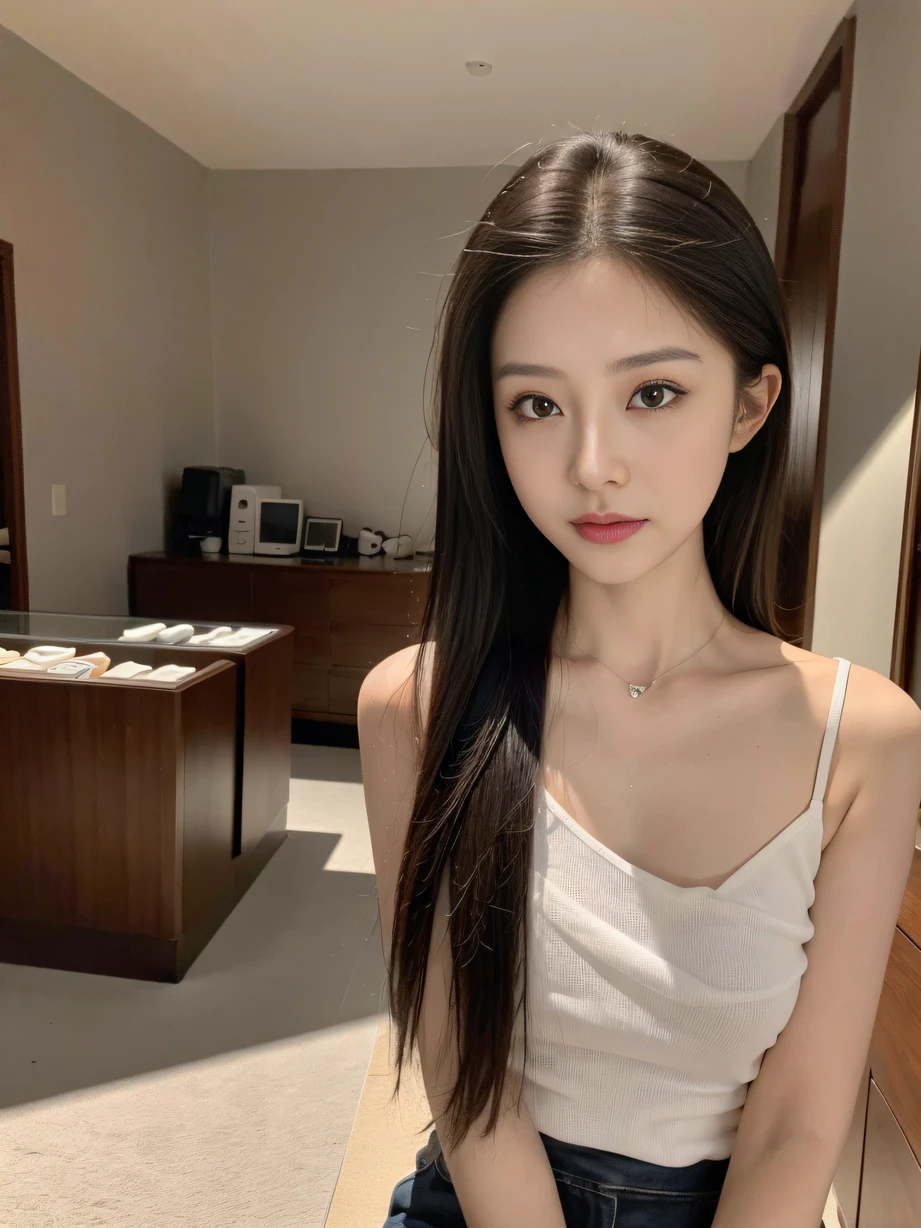 ，巨作, Best quality，8K, 超高分辨率，cinmatic lighting，Real light and shadow，Cinema lenses，(Beautiful  eyes:1.1)， ((中景 the scene is))，In the ancient town of Que Mo Red Dust，The goddess sits in an old study house。dynamicposes