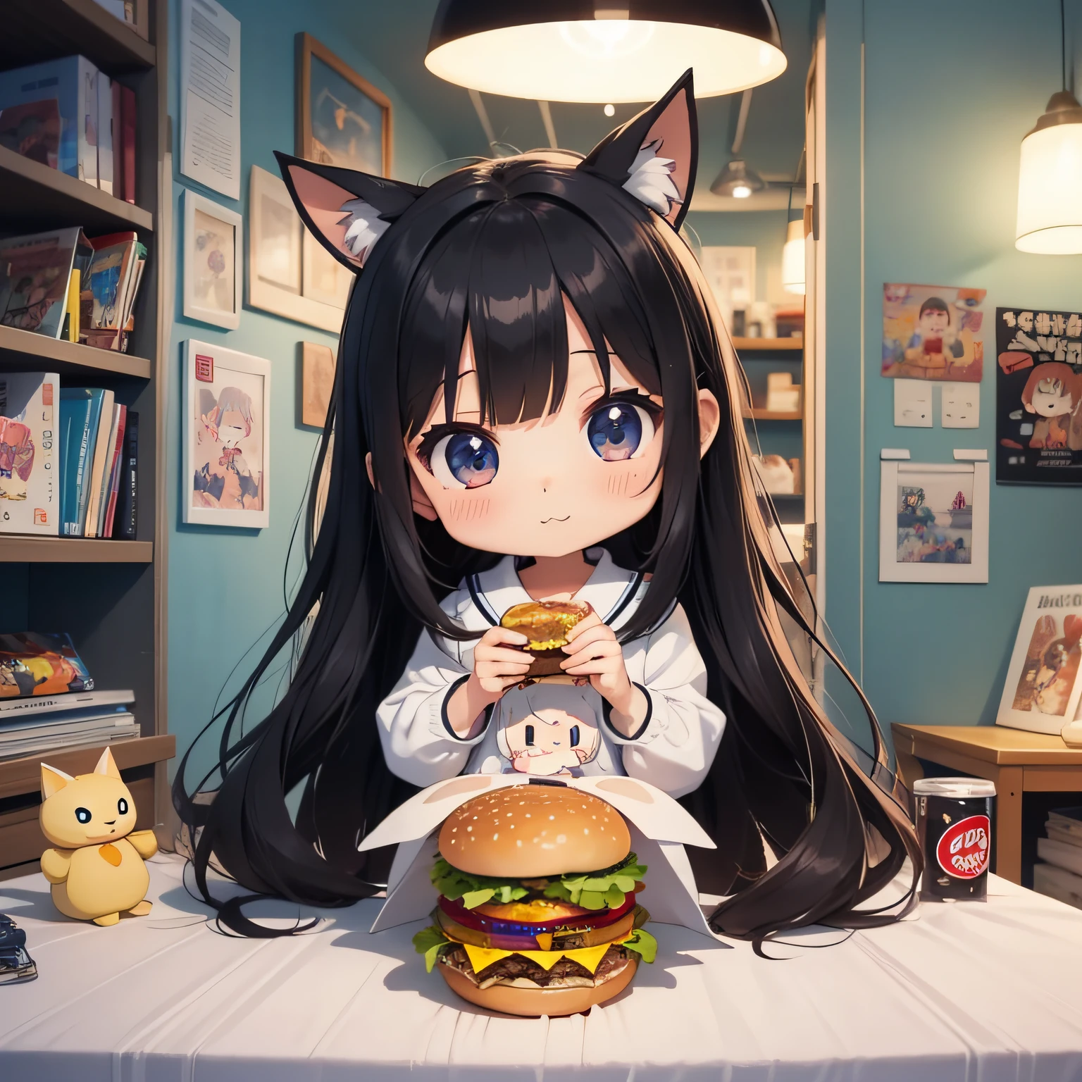 perfect-composition、Perfect pictorial composition、Cartoon girl with long hair、cartoon artstyle、Cartoon Cute、Chibi Girl、cute cartoon style、cute art style、Cartoon style、Charikature、Cartoon style illustration、Digital art of cartoons、cartoon artstyle、Cute digital art、Portrait of a cute anime girl、Chibi、estilo chibi、Cute pretty girl 2 cartoon girl with long hair、an anime drawing、、pop-art、cartoon artstyle、Cartoon Cute、Chibi Girl、cute cartoon style、cute art style、Cartoon style、、Cartoon style illustration、Digital art of cartoons、cartoon artstyle、3Equivalent、Head large、2D、2Anime Girl、2De anime character chibi cute girl、Night、on the beds、Lamp light、hamburgers、french fried、supper、Midnight、I'm eating a hamburger、cola、Black hair、Black hair