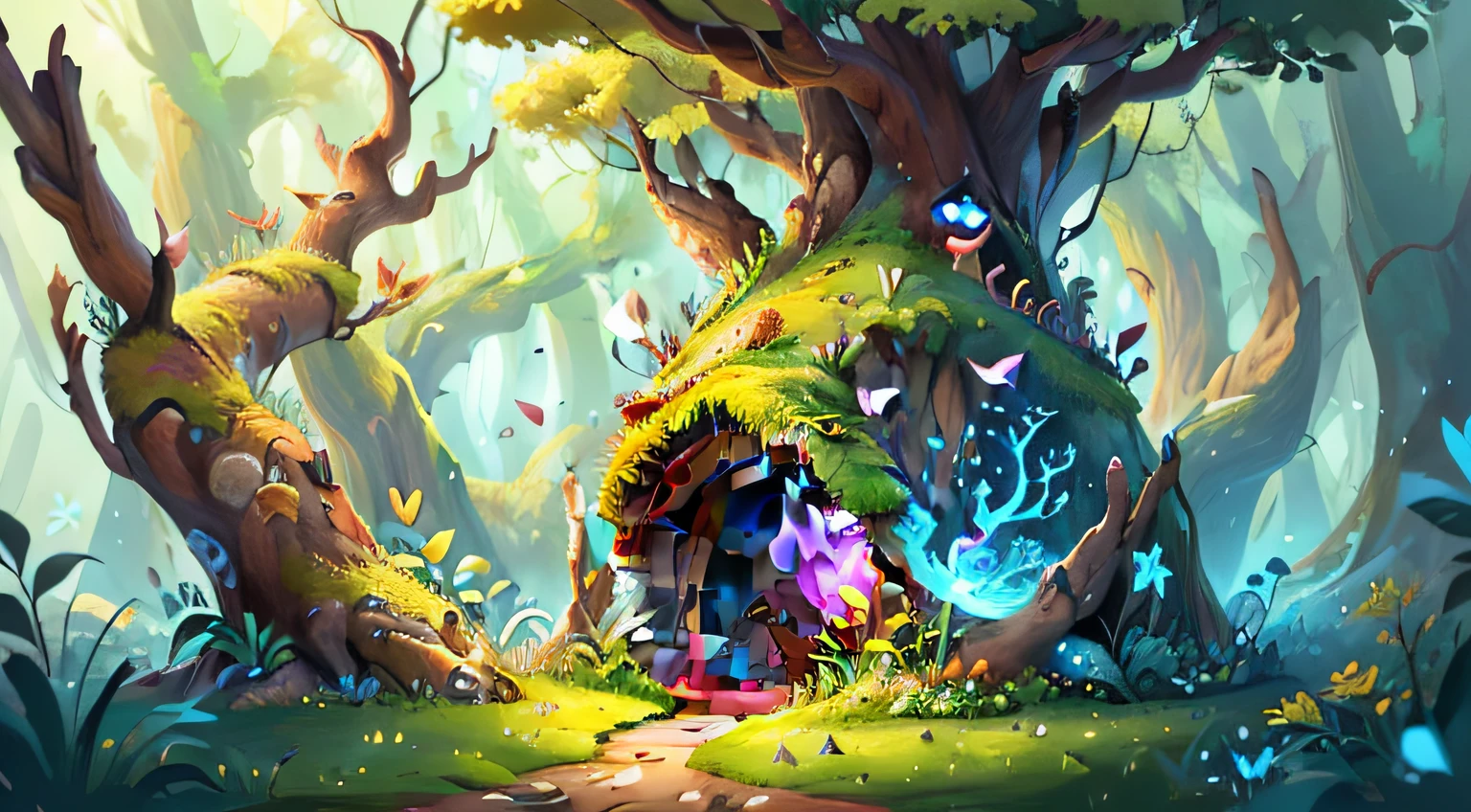 cartoon illustration of a forest with a path and a cave, arte conceitual estilizada, arte de fundo, arte de fantasia digital 2d detalhada, Arte de fundo, environment design illustration, ambiente florestal de fantasia, arvore com um burraco magico pintado como uma arte conceitual de jogo, arte de fantasia digital 2d, detailed game art illustration, Floresta do Reino das Fadas, magical fantasy 2 d concept art, Design de ambiente de jogo 2D