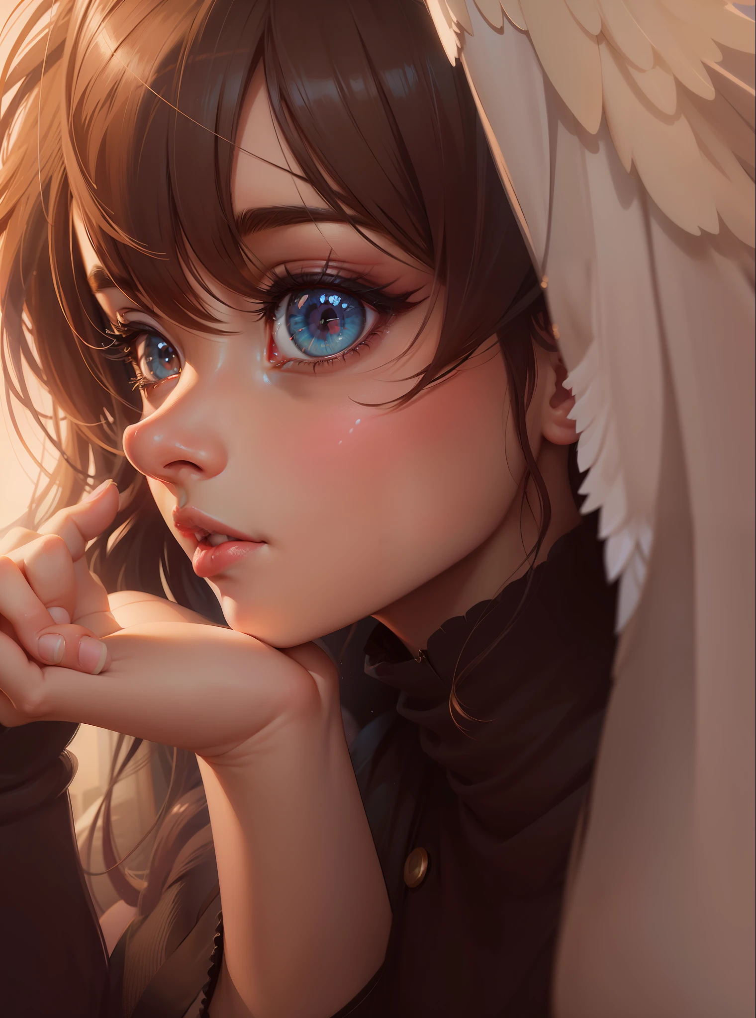 anime girl with angel wings and blue eyes looking at camera, a beautiful anime portrait, Stunning anime face portrait, breathtaking ilya kuvshinov, cute anime girl portraits, Beautiful anime face, Anime. Soft lighting, Digital art Ilya Kuvhinov, Art styles : Ilya Kuvshinov, Detailed digital anime art, ilya kuvshinov face, portrait anime girl