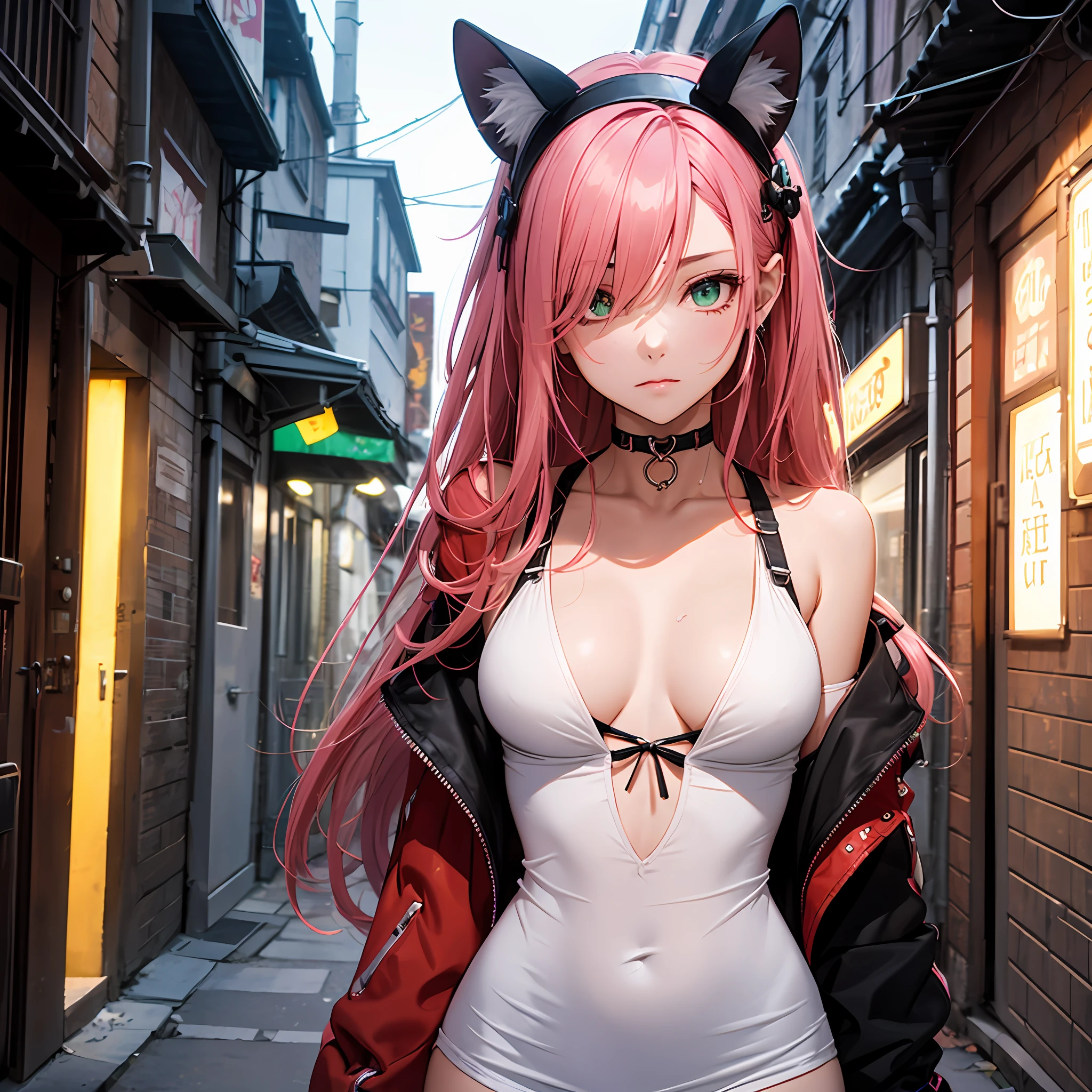 (tmasterpiece,Need,1girl,solo,The details are complex,color difference),photorealestic,((Medium breath)),perverted woman,Exposed shoulder,Poor milk,volutpuous,red fox,Pink Long Hair,red headgear,Red highlight,Hair above one eye,Green eyes,耳Nipple Ring,sharp look,Perfectly symmetrical figure,choker,Neon shirt,High collar,doodads,dim murky lights,alley,looking at viewert --auto