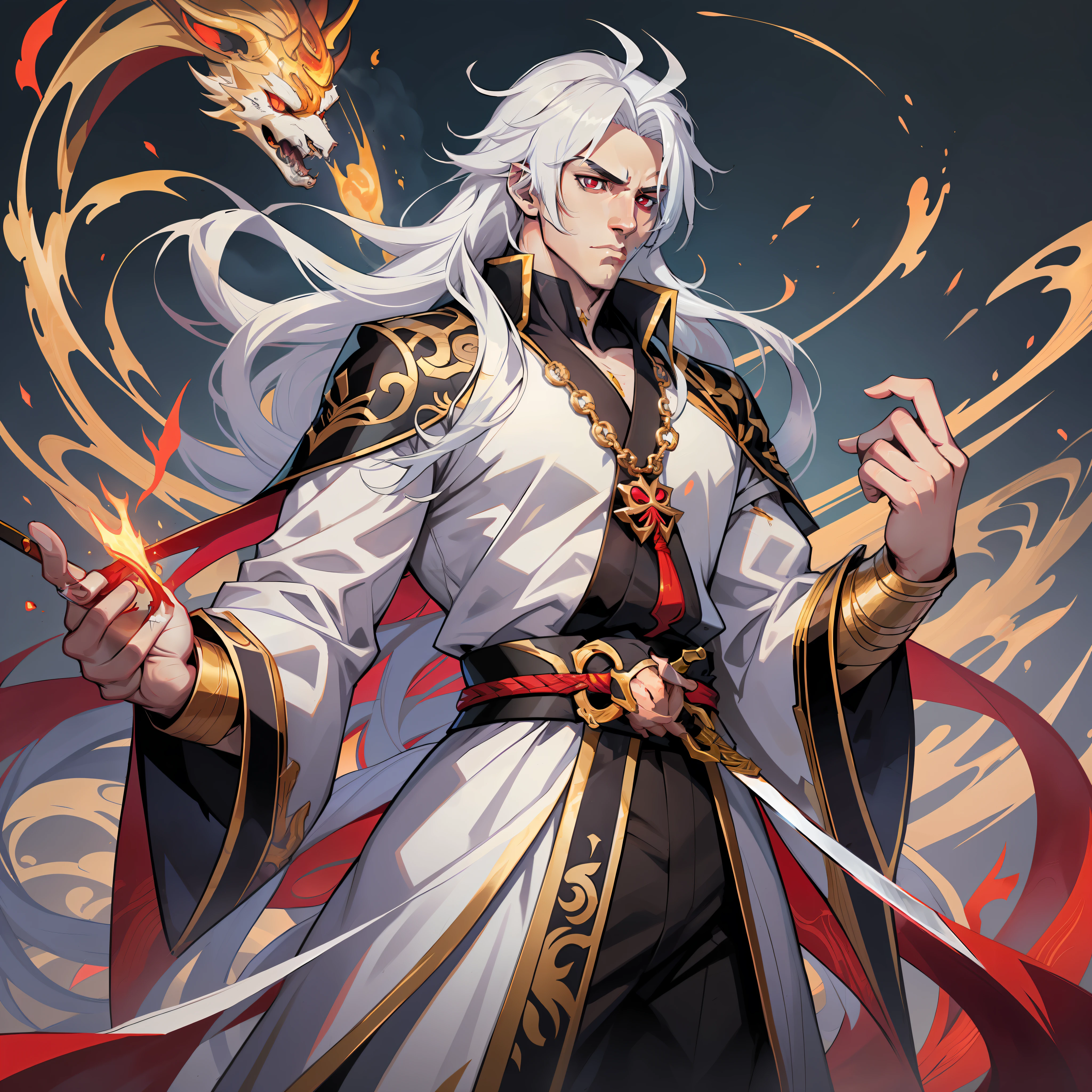 Anime man white hair, red eyes, black fireball in hand, digital art, white hair, crimson red eyes, Fire around, standing, neutral background, arcane art style, long hair, male character, black clothing, black fire, katana in hand, brave look, battle wounds