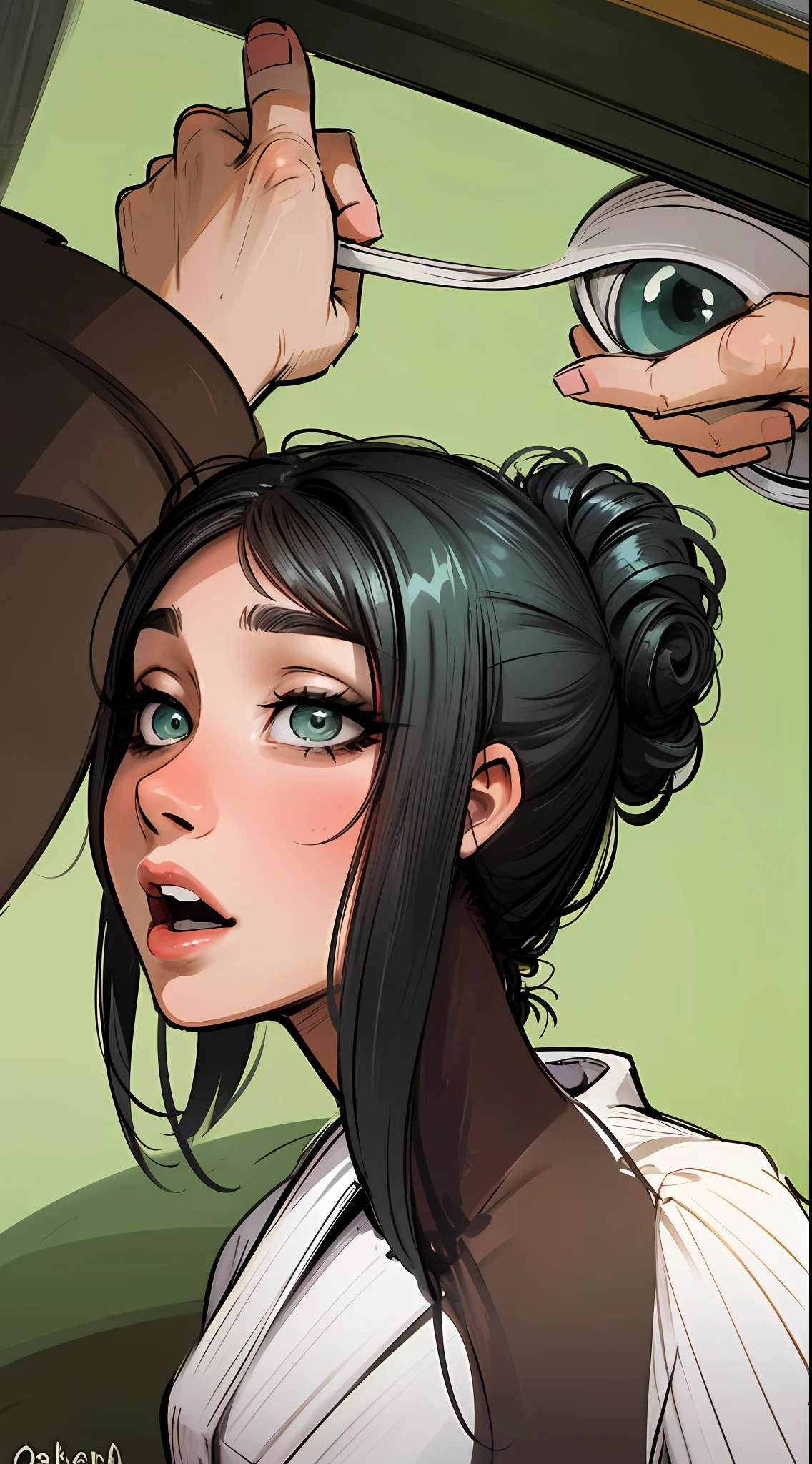 (obra-prima:1.4), (melhor qualidade), (detalhado) uma garota linda, cabelo preto e branco,e olhos verdes, seio grande, perna grossa, bunda grande, roupa apertada hentai