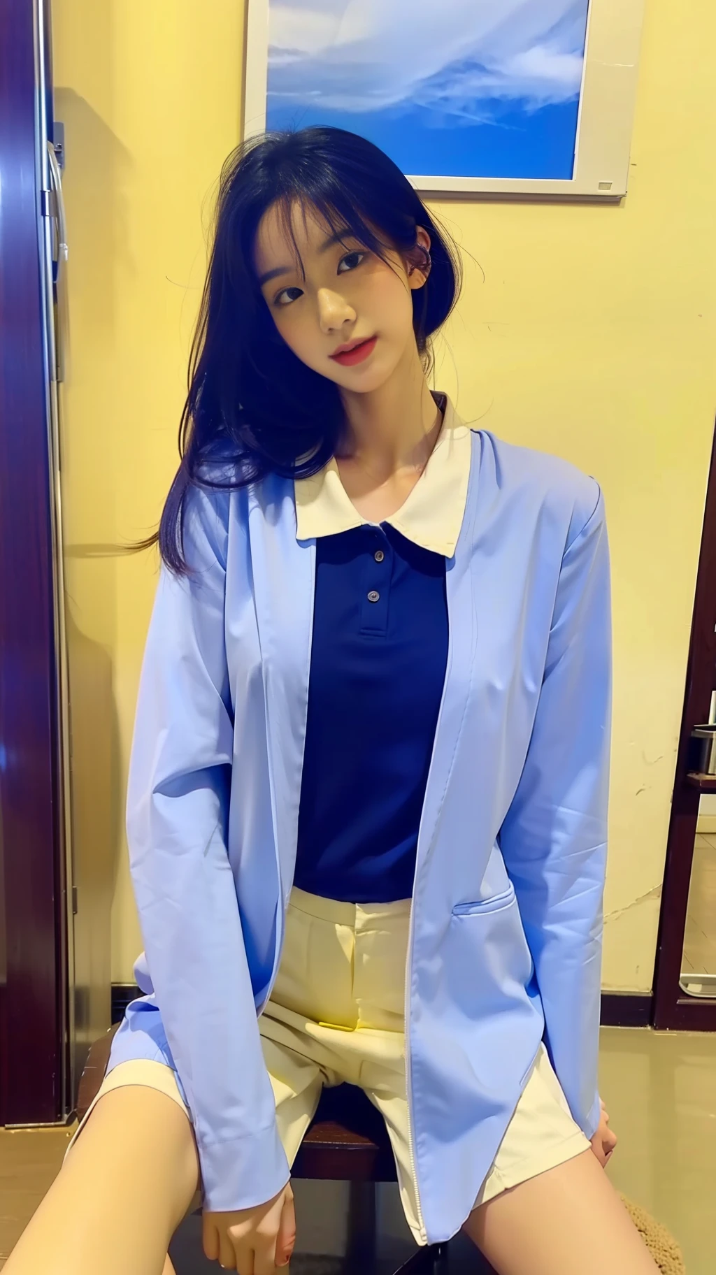(best qualtiy,16k, tmasterpiece,The ultra -The high-definition: 1.3) ,(true to life,真实感:1.3),1girll,Korean beauty student,Salt outfit, JK school uniform,(oversized boobs:1.5),(Slender legs,Smooth and white),