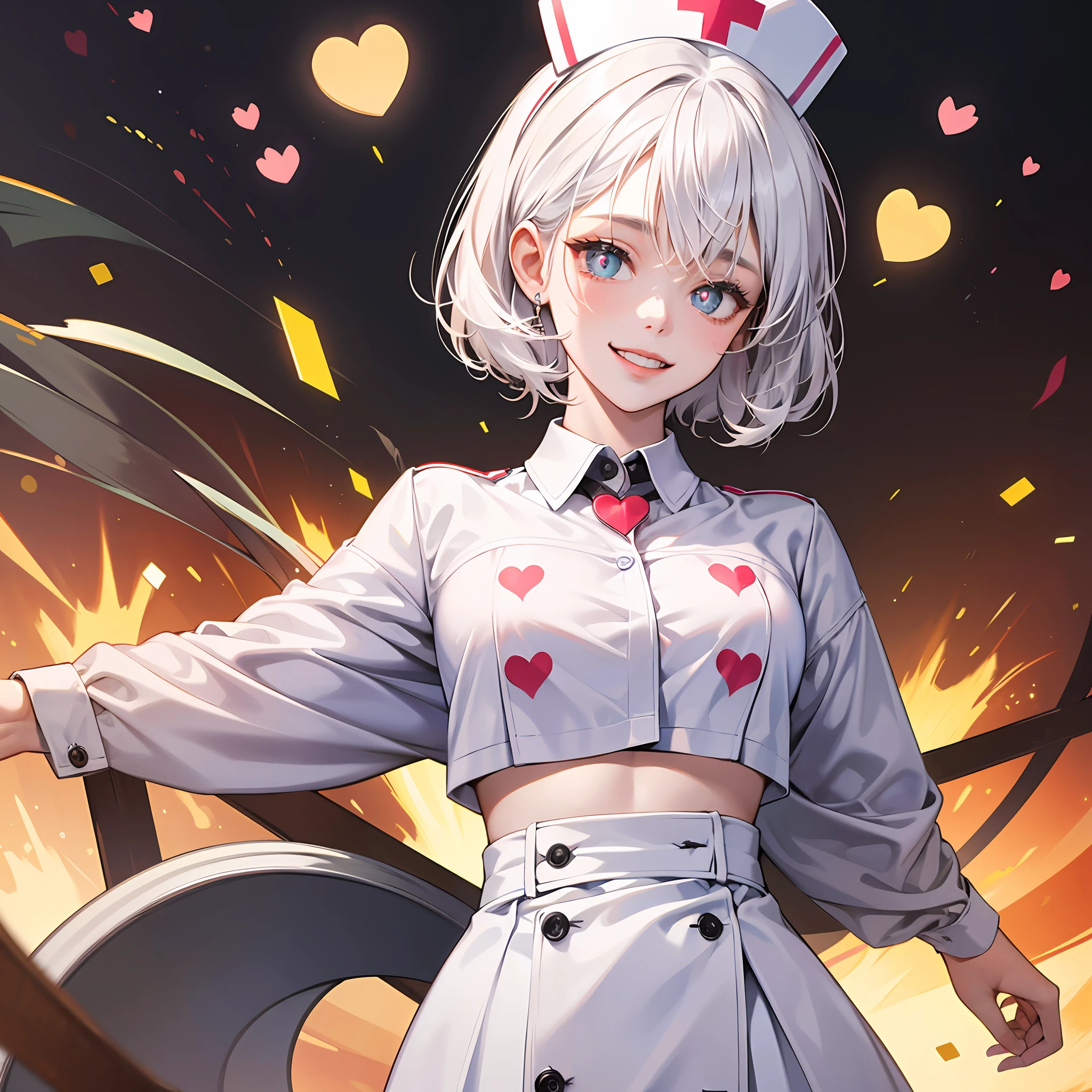 smallunderboob（1:6），white color hair，nurse hat，heart - shaped pupils，fakeanimalears，evilsmile，hyperreaistic，Ray traching，8k，super detailing，tmasterpiece，high high quality --auto