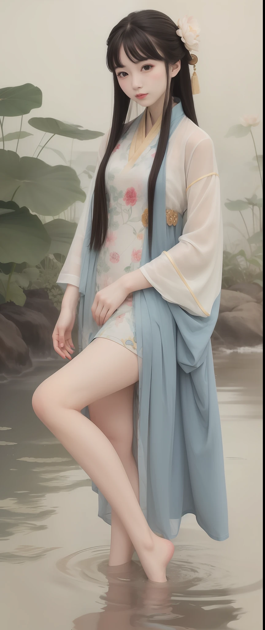 Highest image quality,Traditional chinese painting, lotuses, Hanfu, Dress conservatively , blue long hair, ssmile, standingn, Feet in the water, bare footed,Daji,