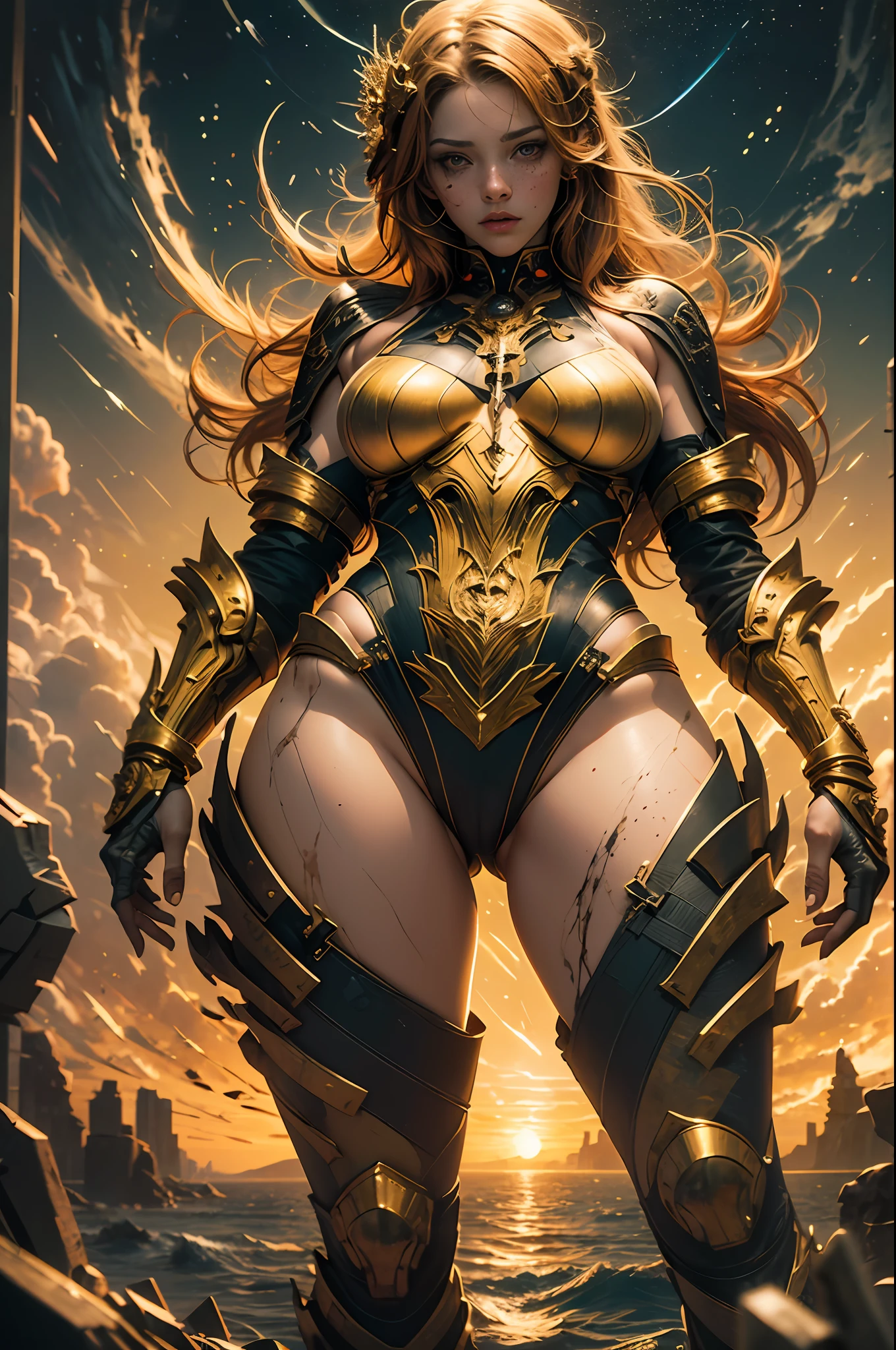 **3D Anime dark art, the painter is creating a Painting of a beautiful young woman, messy Ginger hair, freckles, Golden details, Golden clothes, sunrise background, joyful, in the style of colorful explosions, nightcore, detailed marine views, light gold and crimson, aurorapunk, romantic riverscapes, gigantic scale, Artistically refined, Insanely detailed, Gorgeous, Amazing, Precise details, full body, by Neural Nuances, by Anato Finnstark, hyperrealistic, porcelain skin, pale skin, clear skin,trending on artstation, 8k, masterpiece, graffiti paint, fine detail, full of color, intricate detail, golden ratio illustration, ultra-realistic, extreme details, poster effect, Depth ultra - fine film effect poster, photography hyperdetailed cinematic lighting hdr, softbox lighting, extreme detail, 50 Body, Body, neck, legs arms --auto --s2