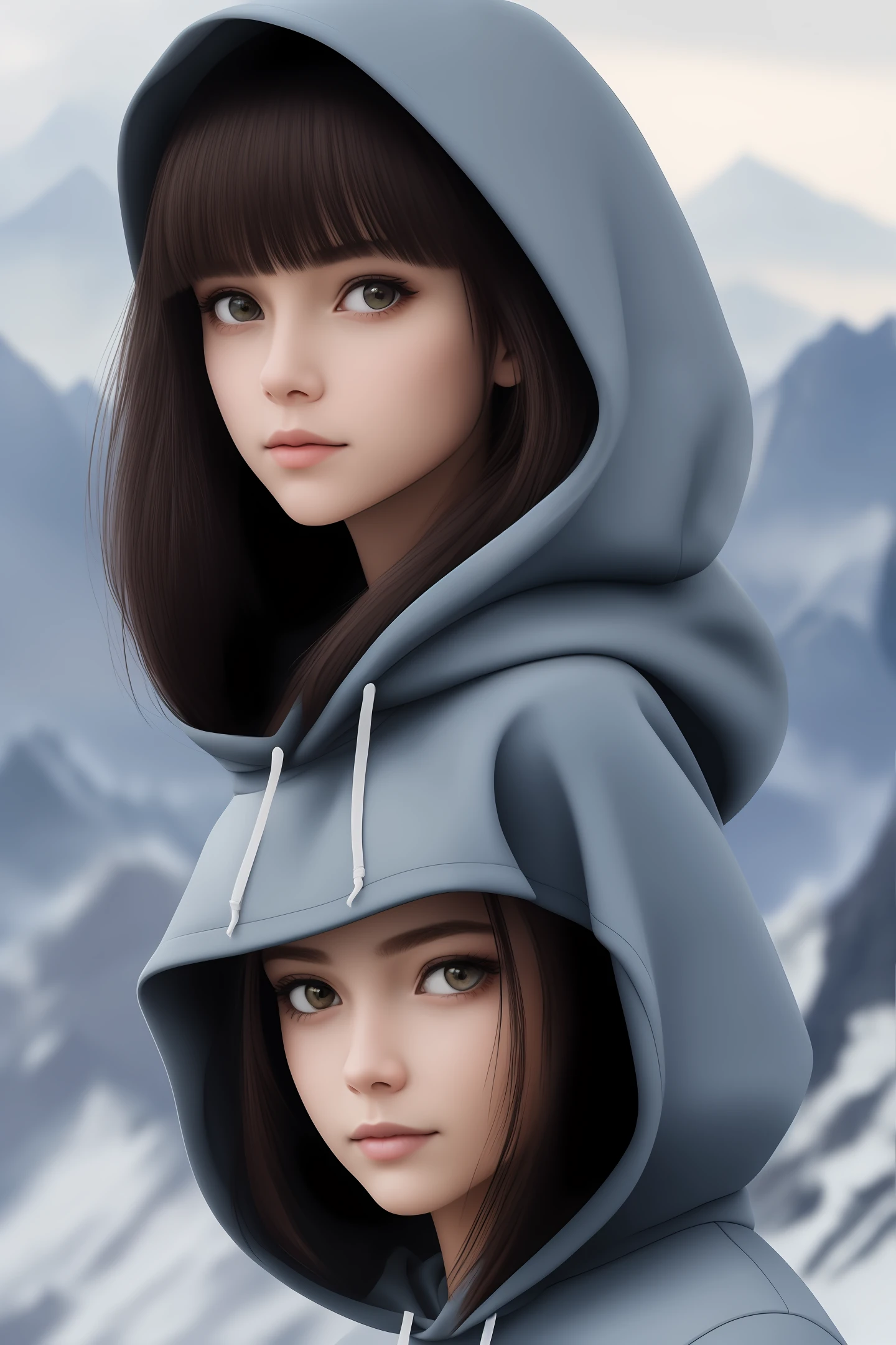 structured hair, well hair, 1girl,,close-up,, 8k, RAW photo, best quality, masterpiece,realistic, photo-realistic, full body, cute, ultra-detailed human face, long dark hair, fringe, wearing a hoodie, outdoors, mountains, amazing fine detail, Canon 5DM4, f...