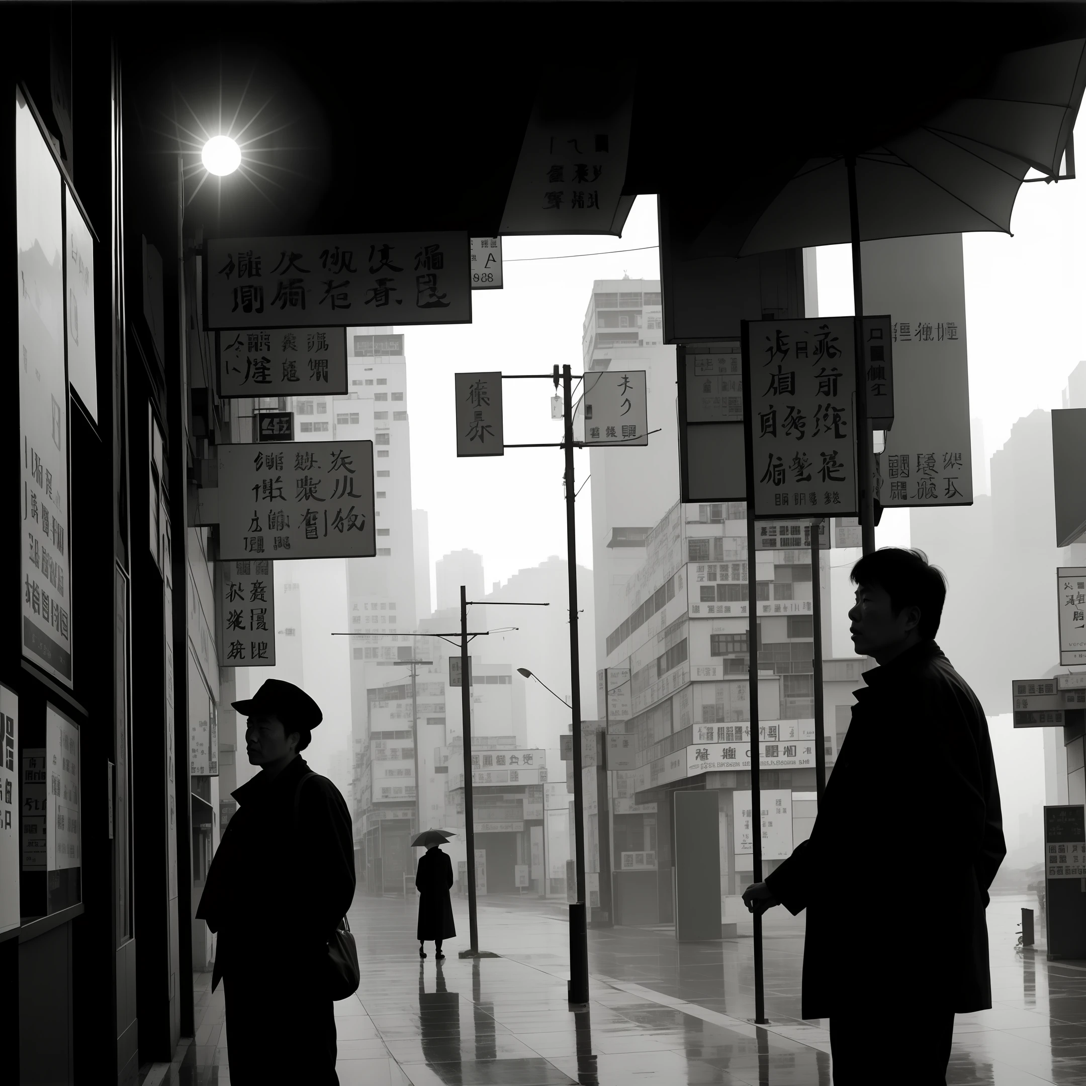 Rain，man，Having a cigarette。Head up，Lunette de soleil，hong kong，1980 years