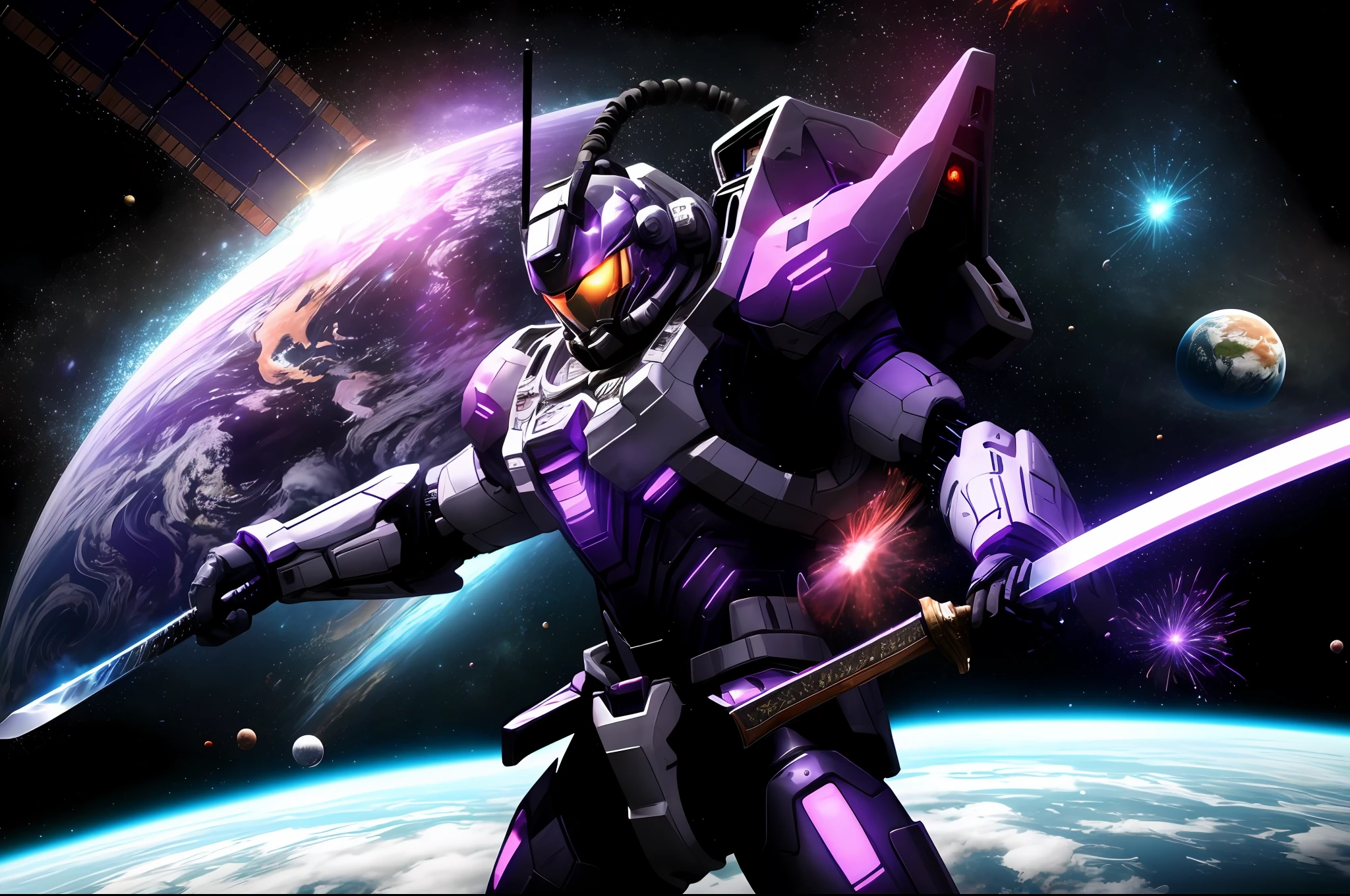 (masterpiece),HD Ultra-Fine,Cinematic visual experience,The picture is beautiful,Cool Japanese anime beautiful girls,particle effect,With a mysterious touch of purple dream,Wearing a black nanomachine suit,holding samurai sword,Dancing sword qi,From the space station, you can see a magnificent view of the Earth。