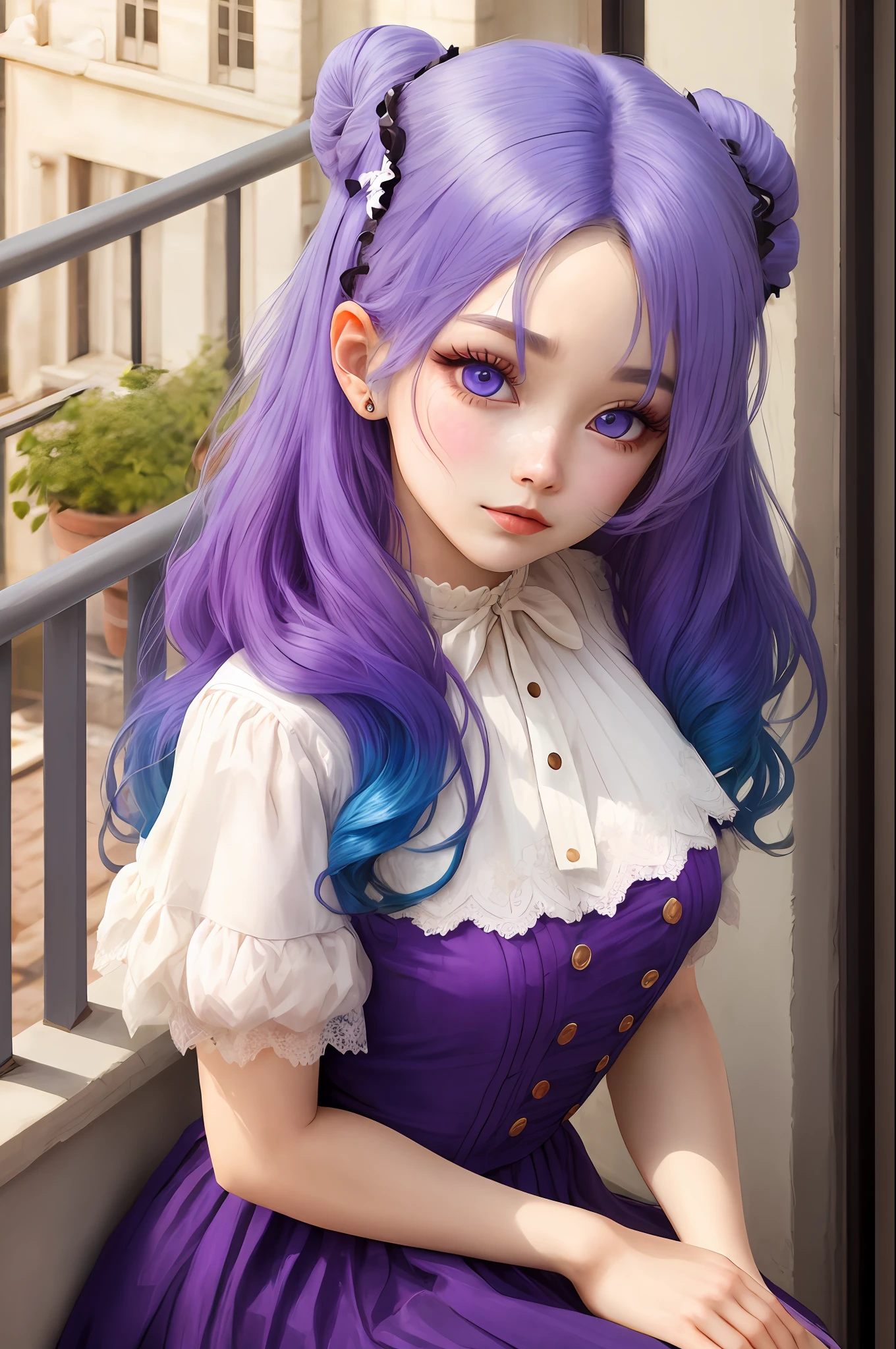 Blue-purple gradient hair，Lolita，Sitting on the balcony，Eye squint