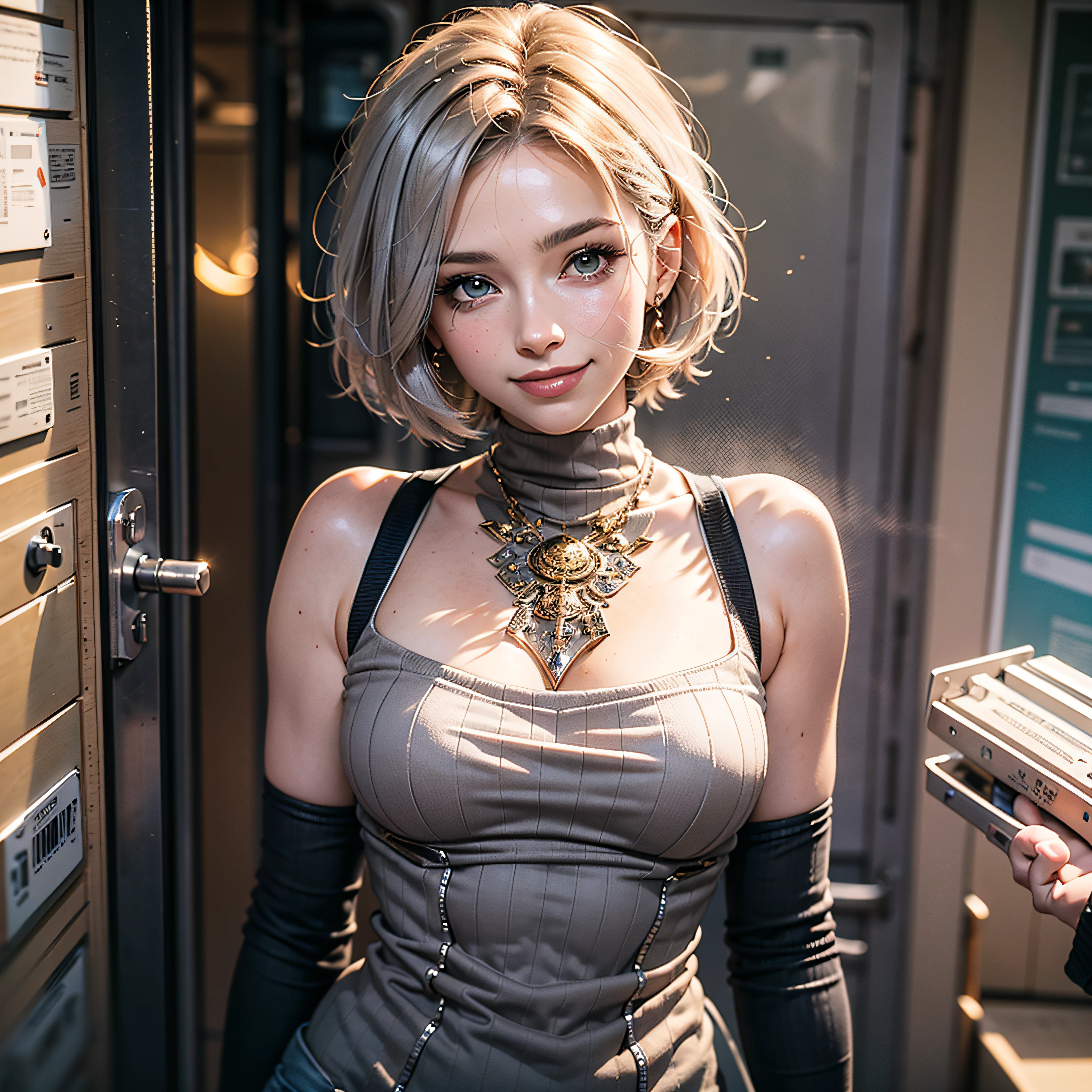 Full body, gray hair, (Dragoon: 1.2), Brantovan, masterpiece, best quality, official art, very elaborate CG Unity 8K wallpaper, for girls, ultra high resolution, (photorealistic: 1.4), golden hour lighting, sweater dress, (upper body), (platinum shorthair: 0.8), (puffy eyes), looking at the viewer, frontal, smile, medium breasts, gentle smile, Shirt lift, gloves, short hair