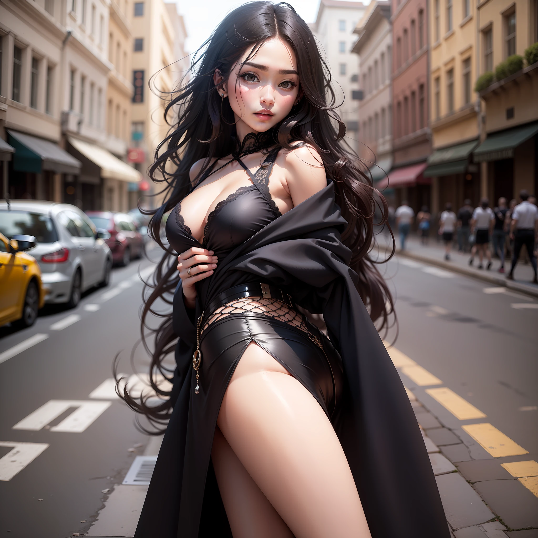 Beauty upper body bare street sharp gaze skirt black silk long hair superlative