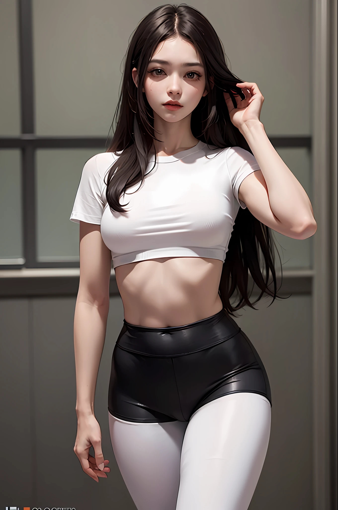 (hiper-realista), (illustration), (alta resolução), (8K), (extremamente detalhado), (best illustration), (belos olhos detalhados), (melhor qualidade), (ultra-detalhado), (obra-prima), (papel de parede), (rosto detalhado), solo 1 men, cabelo ondulado branco, coreano, heterochromic eyes, pequenas pintas sob os olhos, camisa branca folgada, yoga pants, seios grandes, pernas longas, abdominais apertados, dedos de camelo, dinamic pose