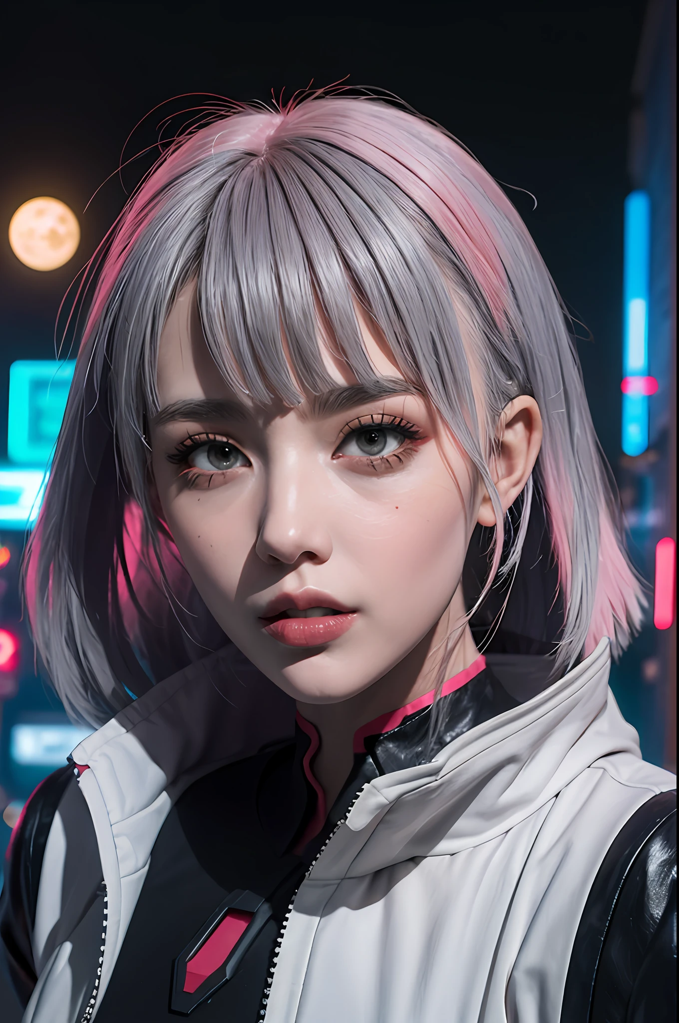 (Top Quality, 8k, Masterpiece, CG)lucy \(cyberpunk\), 1girl, hair scrunchie, hime cut, silver hair, colored tips, full moon, grey eyes, jacket, long sleeves, looking at viewer, super detailed face, medium hair, multicolored hair, bangs parted, lips apart, Pink hair, portrait, red eyeliner, red lips, solo, white jacket, cyberpunk (series), rainy night in neon-shimmering cyberpunk city