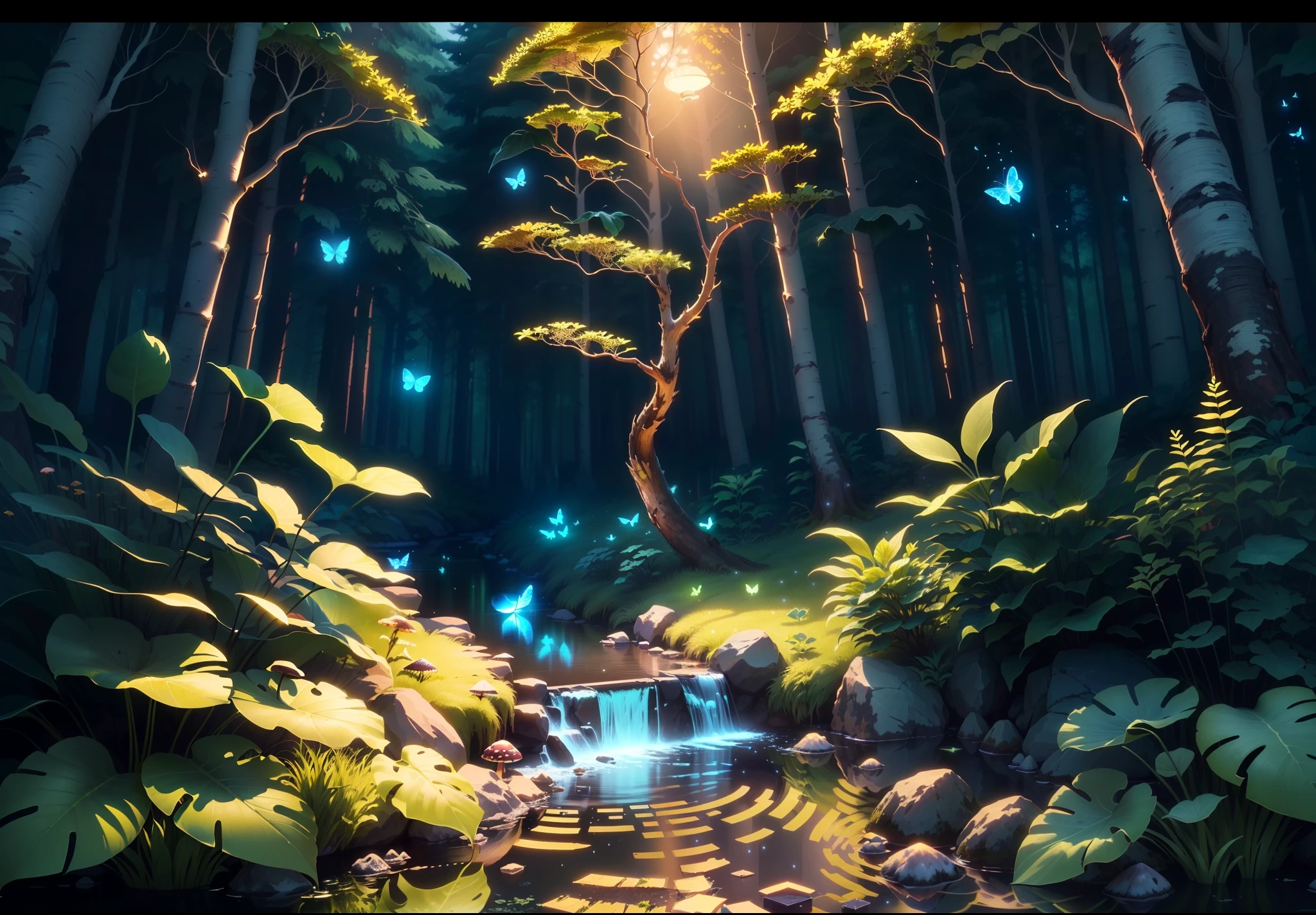 Masterpiece, highest quality, (highly detailed CG Unity 8K wallpaper), (highest quality), (best illustration), (best shadow), forest theme incorporating elements of nature. Surrounded by tall trees, quiet streams, glowing little mushrooms, delicate leaves and branches, glowing particle effect with fireflies, (natural elements), (jungle theme), (leaves), (branches), (fireflies), butterflies, (delicate leaves), (glow), (particle effects), isometric 3D, octane rendering, ray tracing, ultra detail