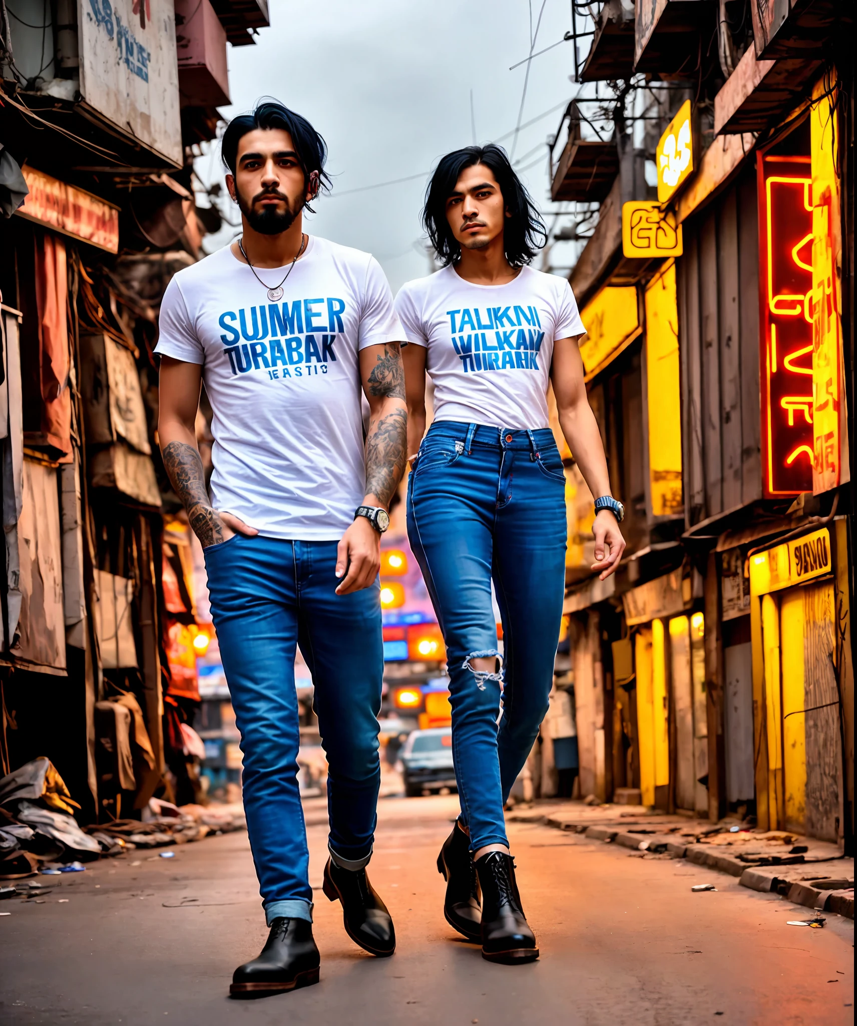 1boy, Black hair, Turkish french bearded, artistic photograph of a cyberpunk thug, wear white round neck Tee-shirt, Blue tight jeans, ankle boots, full body shot, extremely detailed, centered, intricate neon slums in the background, high resolution, hyperdetailed, soft lighting, film grain
