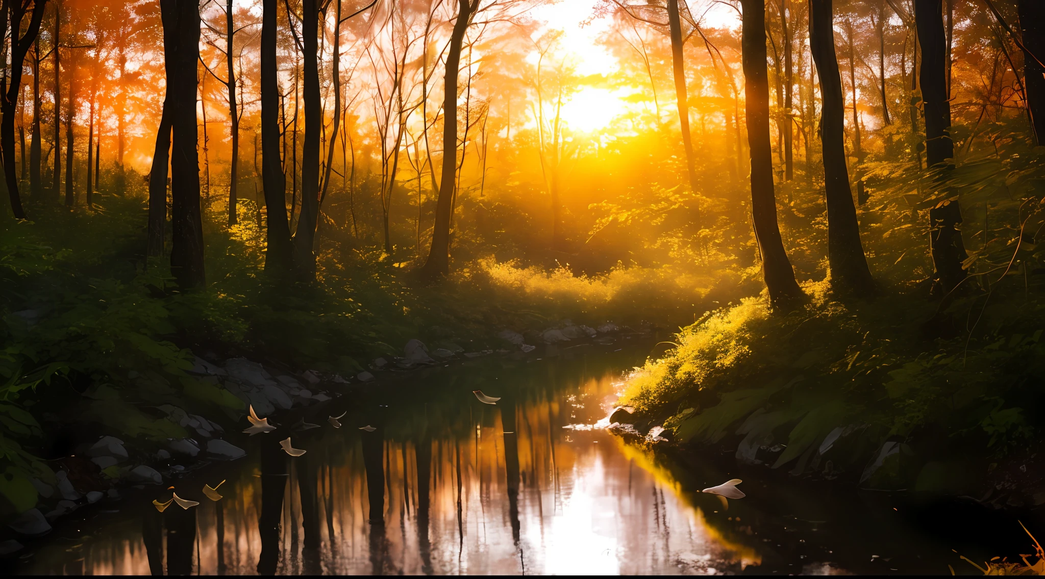 It is a beautiful sunset, in the middle of the forest, in the distance there is a man hunting, light falls through the gap in the woods, and a small stream flows, fish leap out of the water, clear picture, best quality, realistic texture, high resolution, detailed background depiction, beautiful atmosphere, Bauhaus art, mystery, beauty.