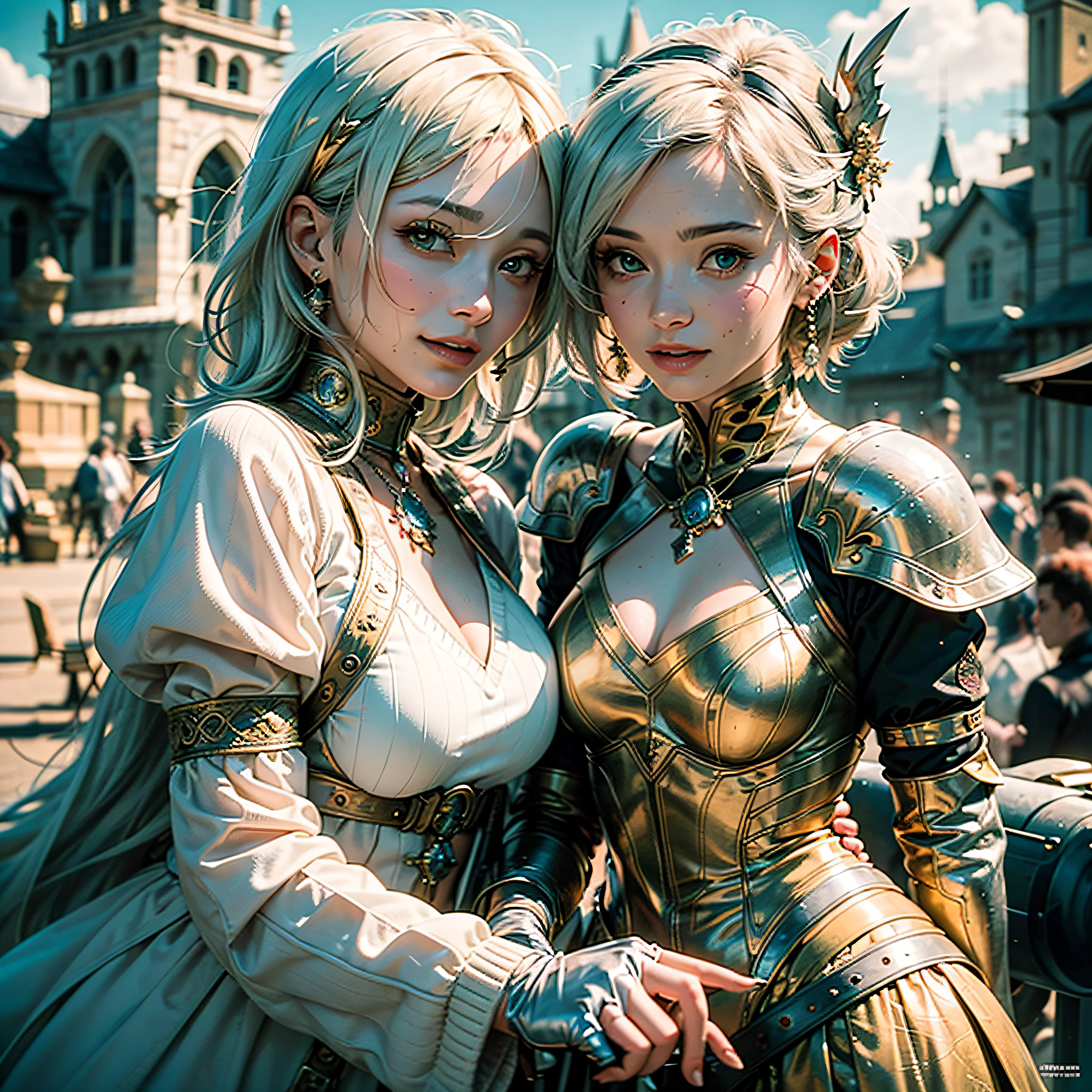 full bodyesbian、white hair、(Dragoon: 1.2)、Brantovan、masterpiece、beste-Qualit、Official Art、Highly elaborate CG Unity 8K wallpapers、For girls、The ultra-Highres、(Hphotorealistic:1.4)、Golden Hour Lighting、sweater dress、(Upper body body)、(Platinum Shorthair:0.8)、(Puffy eyes)、Look at viewers、front facing、a smile、mideum breasts、Gentle smile、shirts lift、gloves、short-hair、Medieval castle scenery