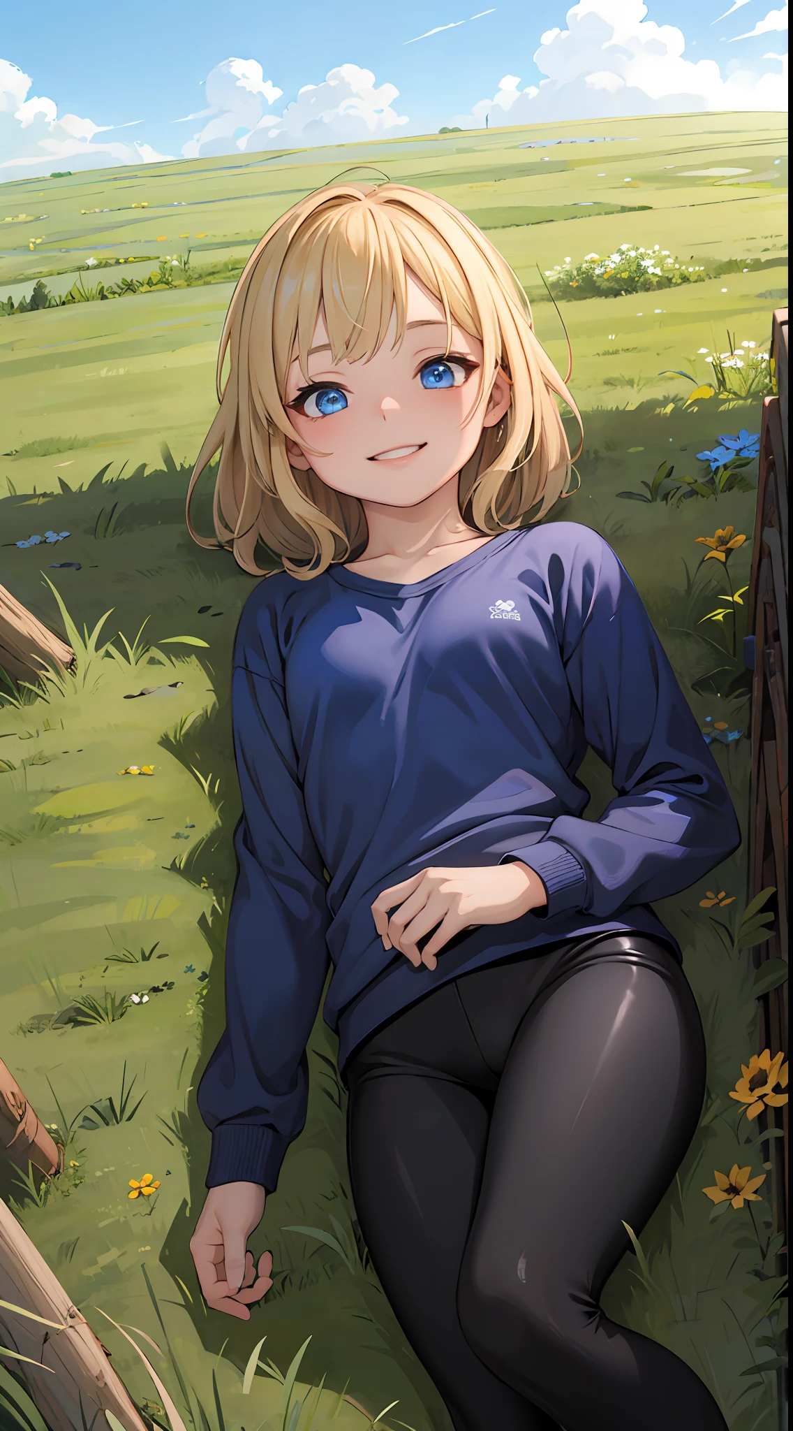 best quality, masterpiece, small breasts, smile, sweatshirt, leggings, outdoors, anime style, grass field, daytime, blue sky, blue eyes, detailed eyes, medium hair, blonde hair, loose hair, bangs, lying down,