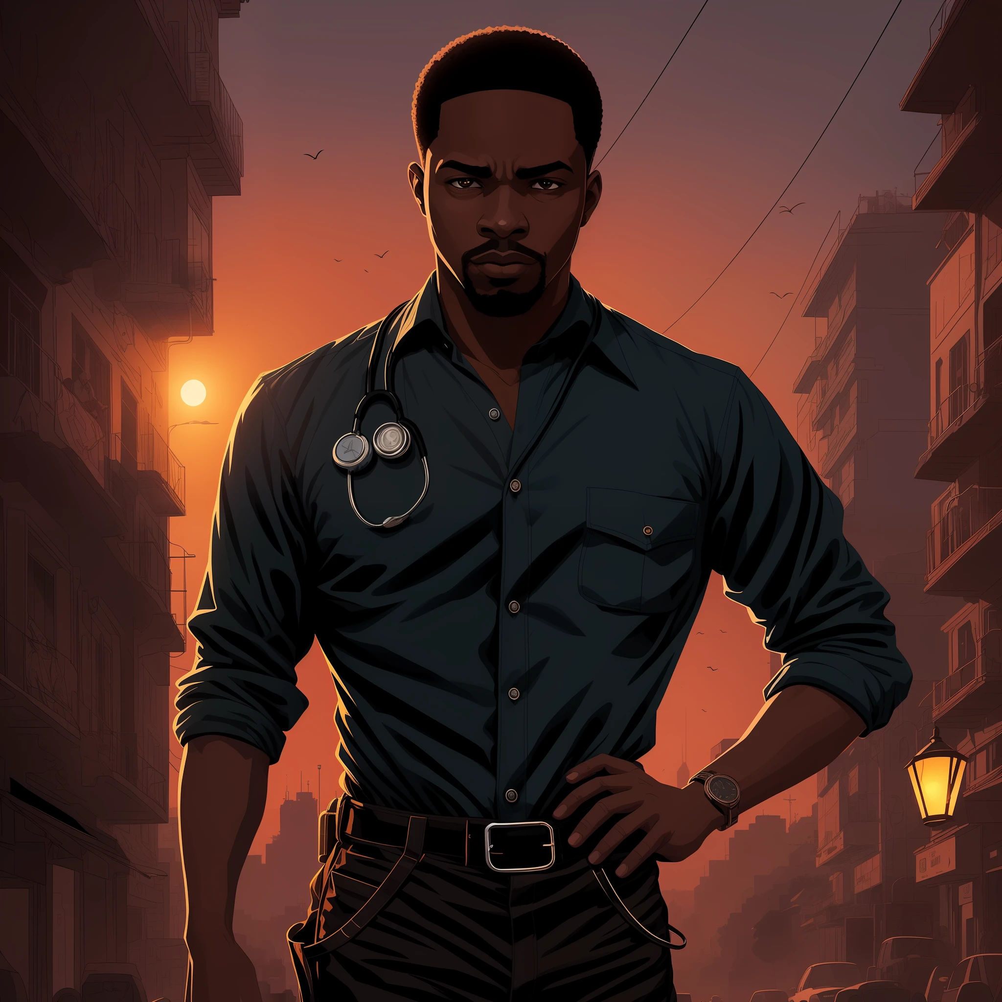Illustration of black man, , corpo esguio, button-down shirt and suspenders, gravata, corte de cabelo curto, (barba grisalha), medico dos anos 70, 1970, cidade noir ao fundo, por geof darrow, dramatic lights, 8k , detalhado, intrincado, realista, trending on ArtStation