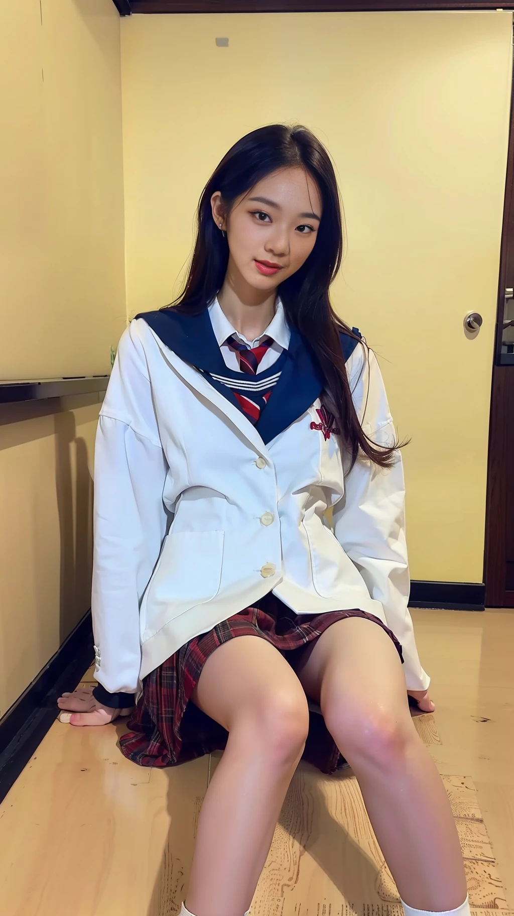 (best qualtiy,16k, tmasterpiece,The ultra -The high-definition: 1.3) ,(true to life,真实感:1.3),1girll,Korean beauty student,Salt outfit, JK school uniform,(oversized boobs:1.5),(Slender legs,Smooth and white),
