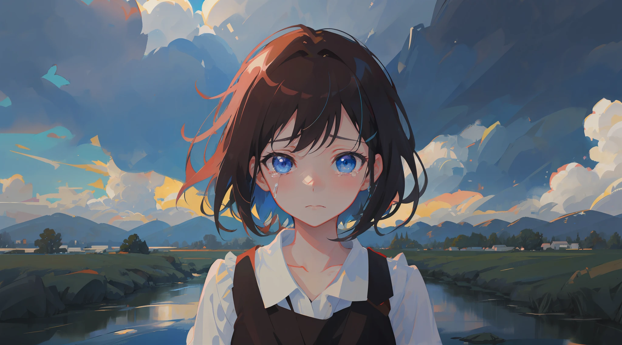anime girl with blue eyes standing in front of a river, Anime moe art style, style of anime4 K, a beautiful anime portrait, portrait anime girl, anime style portrait, anime visual of a cute girl, Makoto Shinkai. A digital rendering, makoto shinkai art style, Anime style. 8K, Portrait of an anime girl, Detailed digital anime art,well up with tears,Sunny after rain