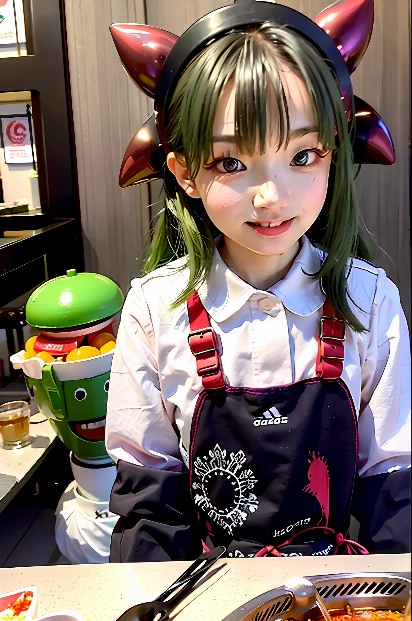 tmasterpiece， Best quality at best， POV， 1girll， length hair， head gear， Green hair， Twin-tailed， aprons， ssmile， desks， food， eats， dining room